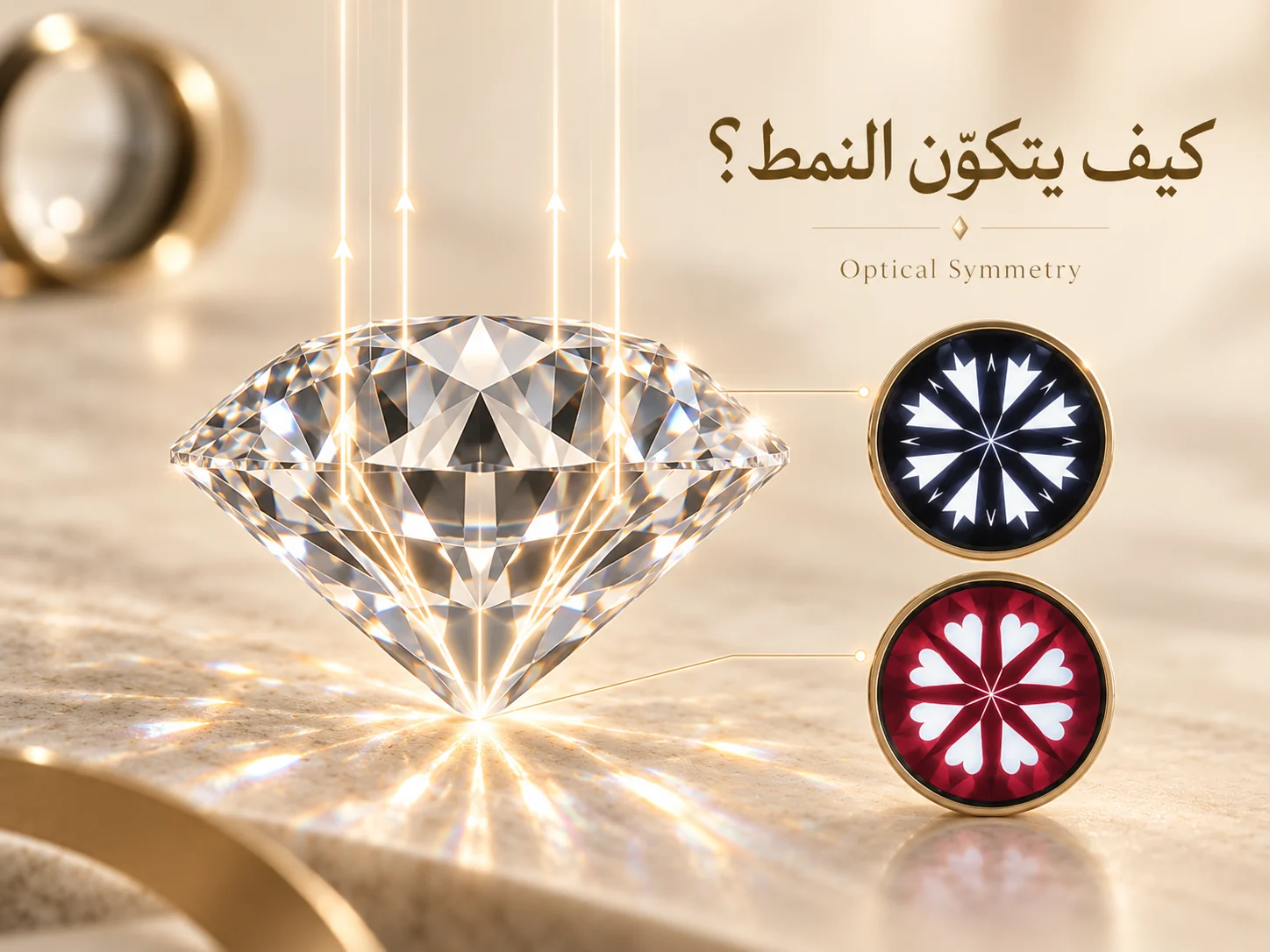 ماسة من الجانب مع خطوط ضوئية توضح انعكاس الضوء داخل التاج والجناح السفلي، وبجوارها نمطا القلوب والسهام.