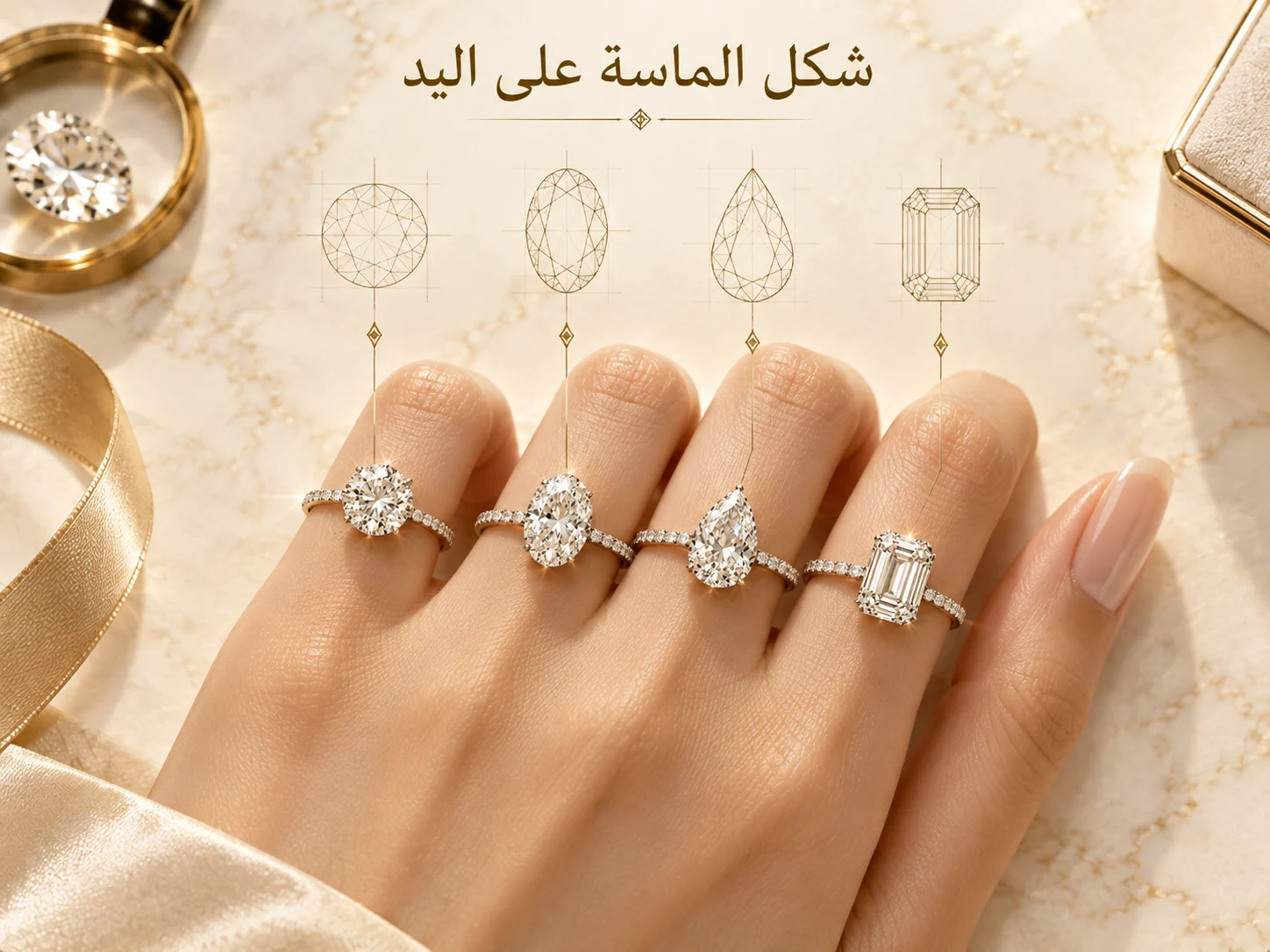 يد ترتدي عدة خواتم بأشكال مختلفة من الألماس لتوضيح اختلاف ظهور Round وOval وPear وEmerald على الإصبع.