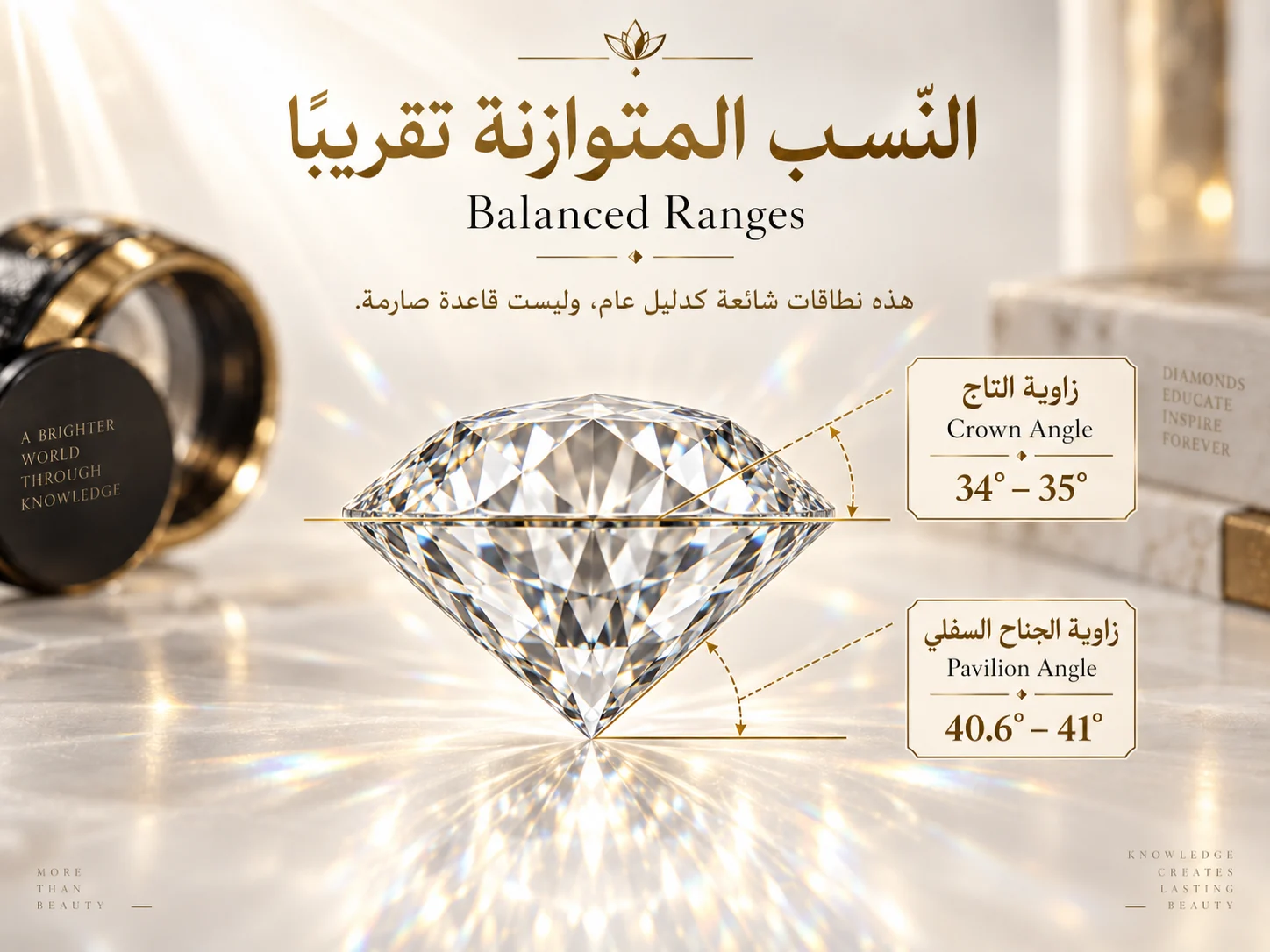 ماسة جانبية مع تحديد نطاق تقريبي لـCrown Angle وPavilion Angle.