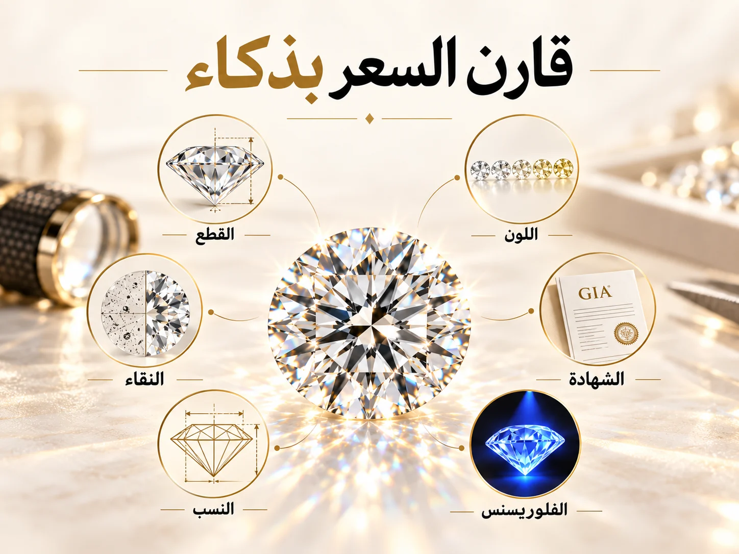 ماسة في المنتصف وحولها رموز للقطع واللون والنقاء والنسب والشهادة والفلوريسنس.