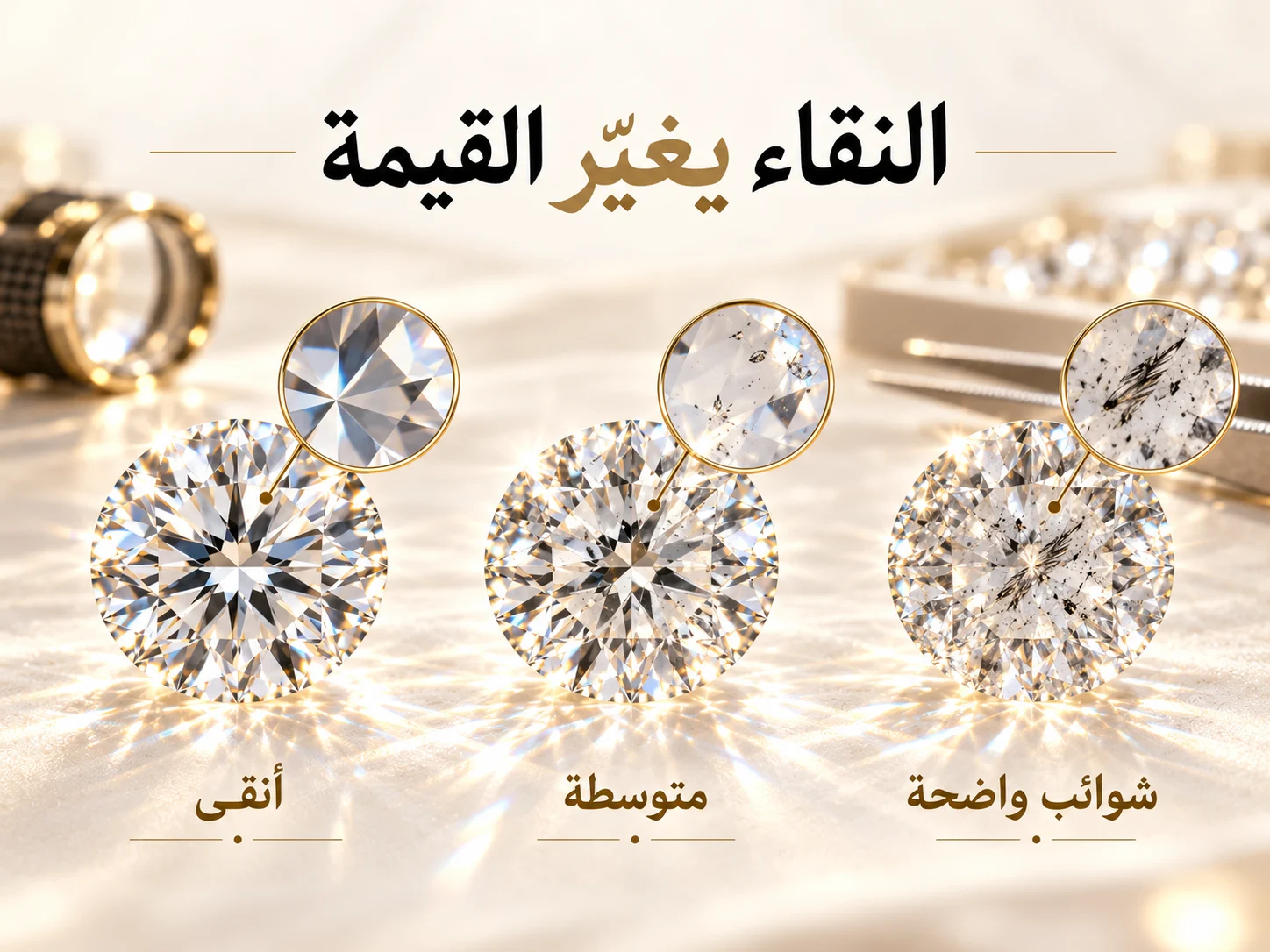 ثلاث ماسات بمستويات نقاء مرتفع ومتوسط وشوائب واضحة مع تكبير للتفاصيل.