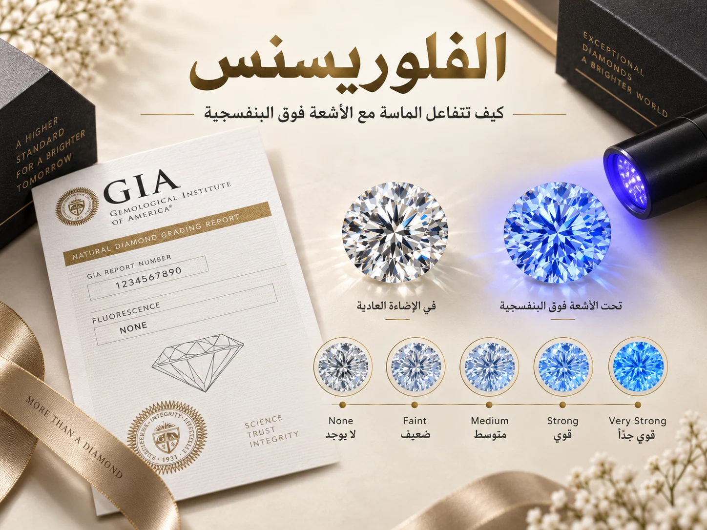 مقارنة بين الماسة في الإضاءة الطبيعية وتحت الأشعة فوق البنفسجية، مع عرض درجات Fluorescence من None إلى Very Strong.
