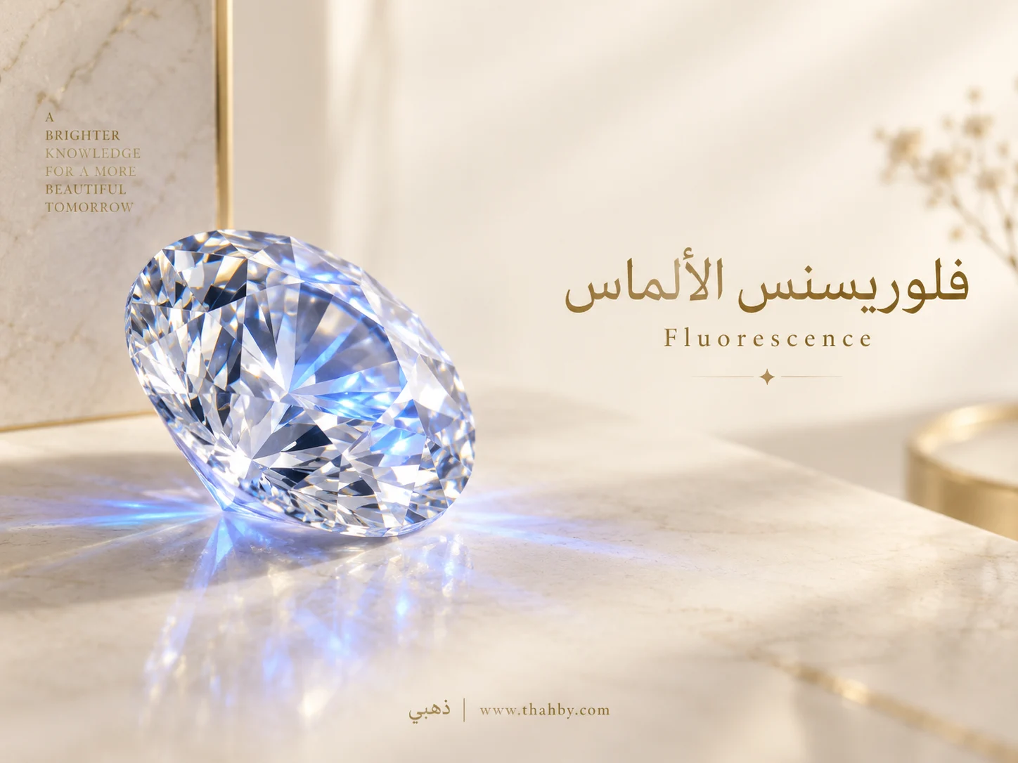 ماسة تظهر باللون الطبيعي في الإضاءة العادية وتتوهج باللون الأزرق تحت الأشعة فوق البنفسجية، لتوضيح مفهوم Fluorescence في الألماس.