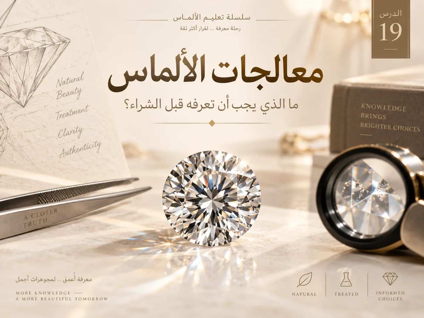 ماسة مستديرة فاخرة في بيئة فحص مجوهرات، مع عدسة مكبرة وملاقط ورسم هندسي للحجر، بتصميم عاجي وذهبي.