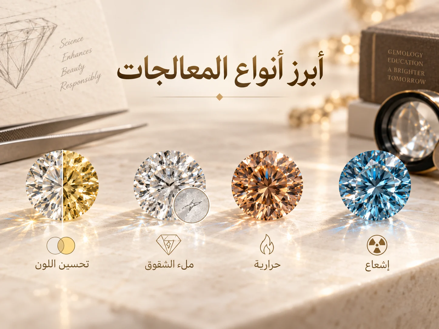مجموعة ماسات مختلفة اللون والمظهر، مع رموز توضيحية للحرارة، التشعيع، اللون، وملء الشقوق.