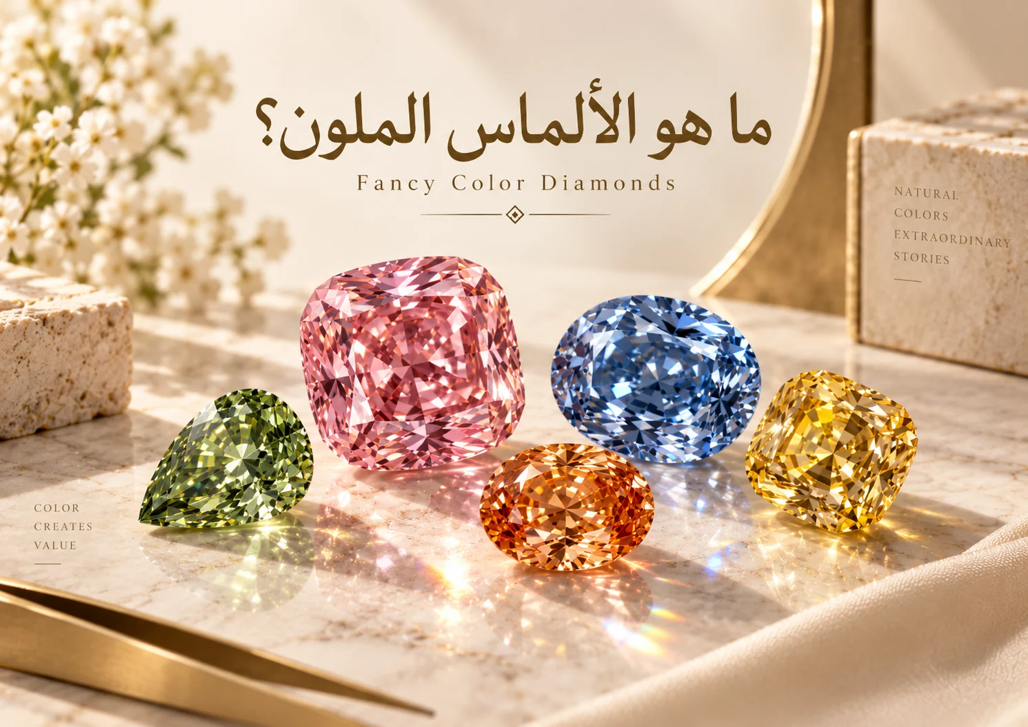 خمس ماسات ملونة مختلفة على سطح فاخر، توضح تنوع Fancy Color Diamonds.