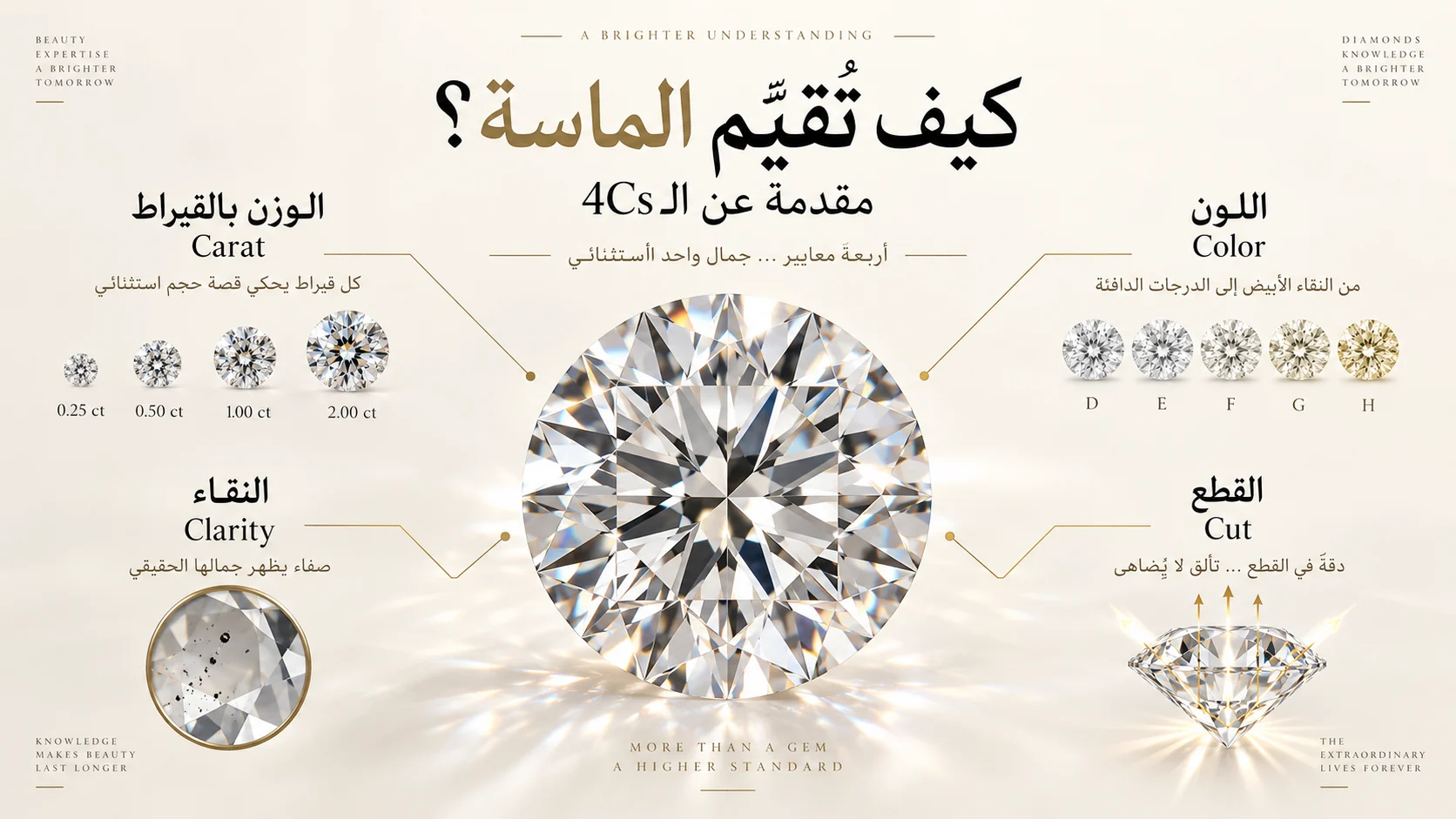 معايير تقييم الألماس الأربعة 4Cs: القيراط واللون والنقاء وجودة القطع