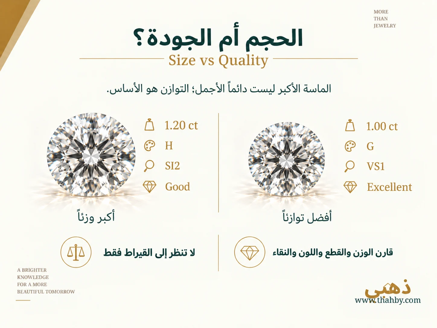 مقارنة عملية بين ماسة أكبر وزنًا ومواصفات أقل، وماسة أصغر قليلًا ذات قطع ونقاء أفضل.