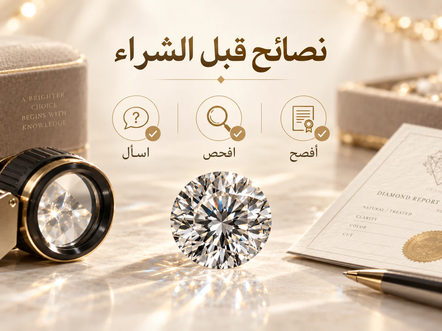 ماسة بجانب عدسة مكبرة وتقرير ألماس وأيقونات: اسأل، افحص، افصح، وتحقق.
