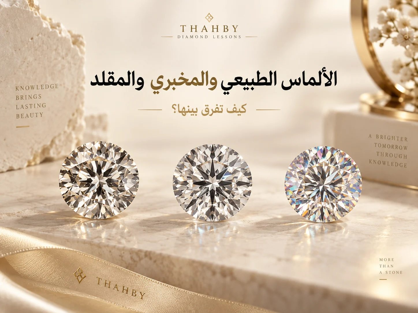 ثلاثة أحجار متجاورة تمثل الألماس الطبيعي والمخبري والحجر المقلد، بنفس الحجم والإضاءة، مع خلفية عاجية فاخرة ولمسات ذهبية.