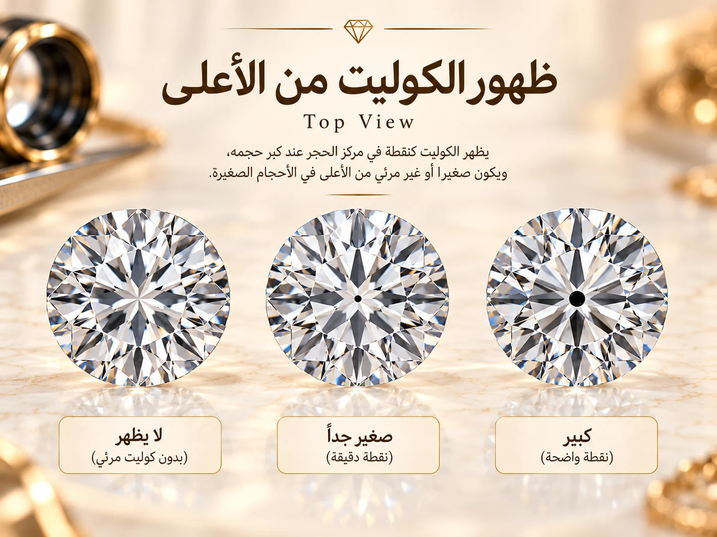 مقارنة من الأعلى بين عدة ماسات يتدرج فيها Culet من غير موجود إلى كبير، مع تغير وضوح النقطة في مركز الحجر.