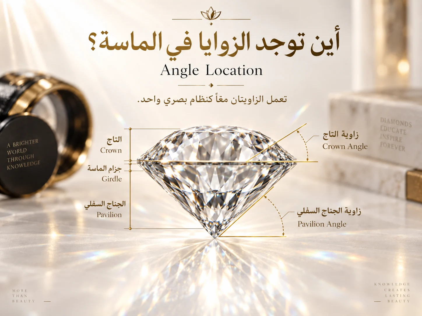 رسم جانبي كامل للماسة يوضح Crown وGirdle وPavilion مع تحديد الزاويتين بوضوح.