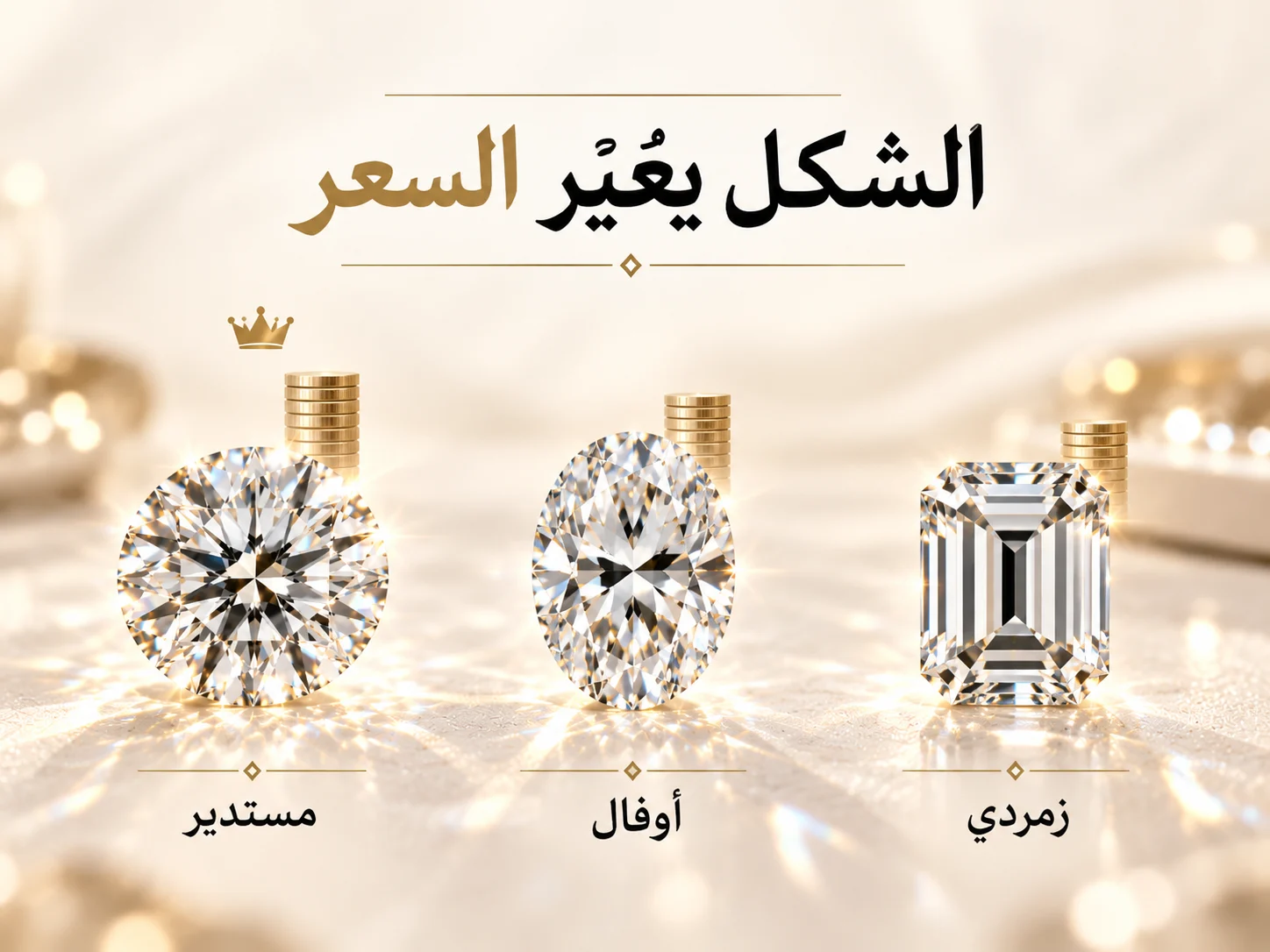 Round وOval وEmerald متقاربة في الوزن مع اختلاف في السعر والحجم الظاهر.
