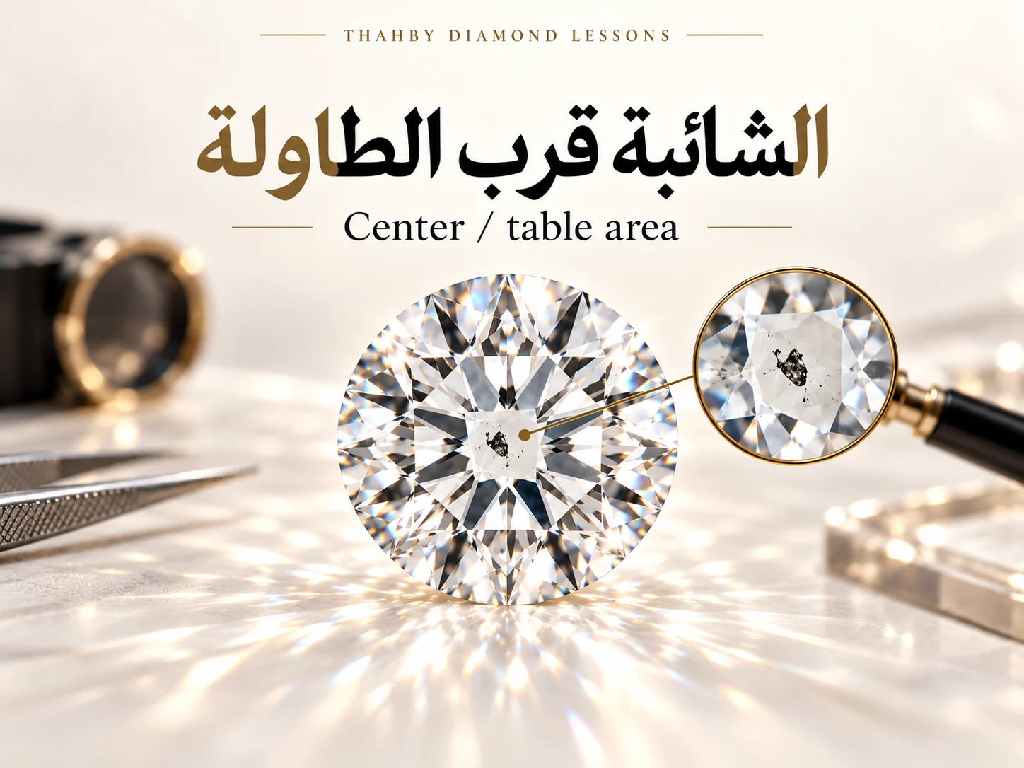ماسة مستديرة مع تكبير لمنطقة مركزية تحت Table تظهر فيها شائبة داكنة.