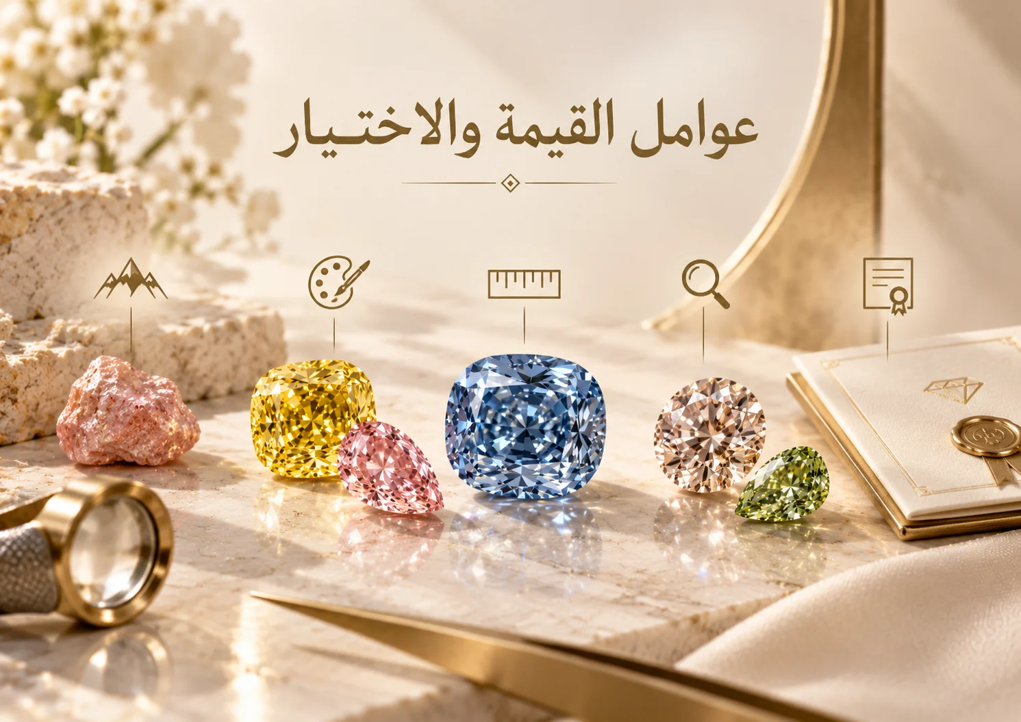 مجموعة ماسات ملونة مع رموز للون والوزن والنقاء والشهادة والعدسة.