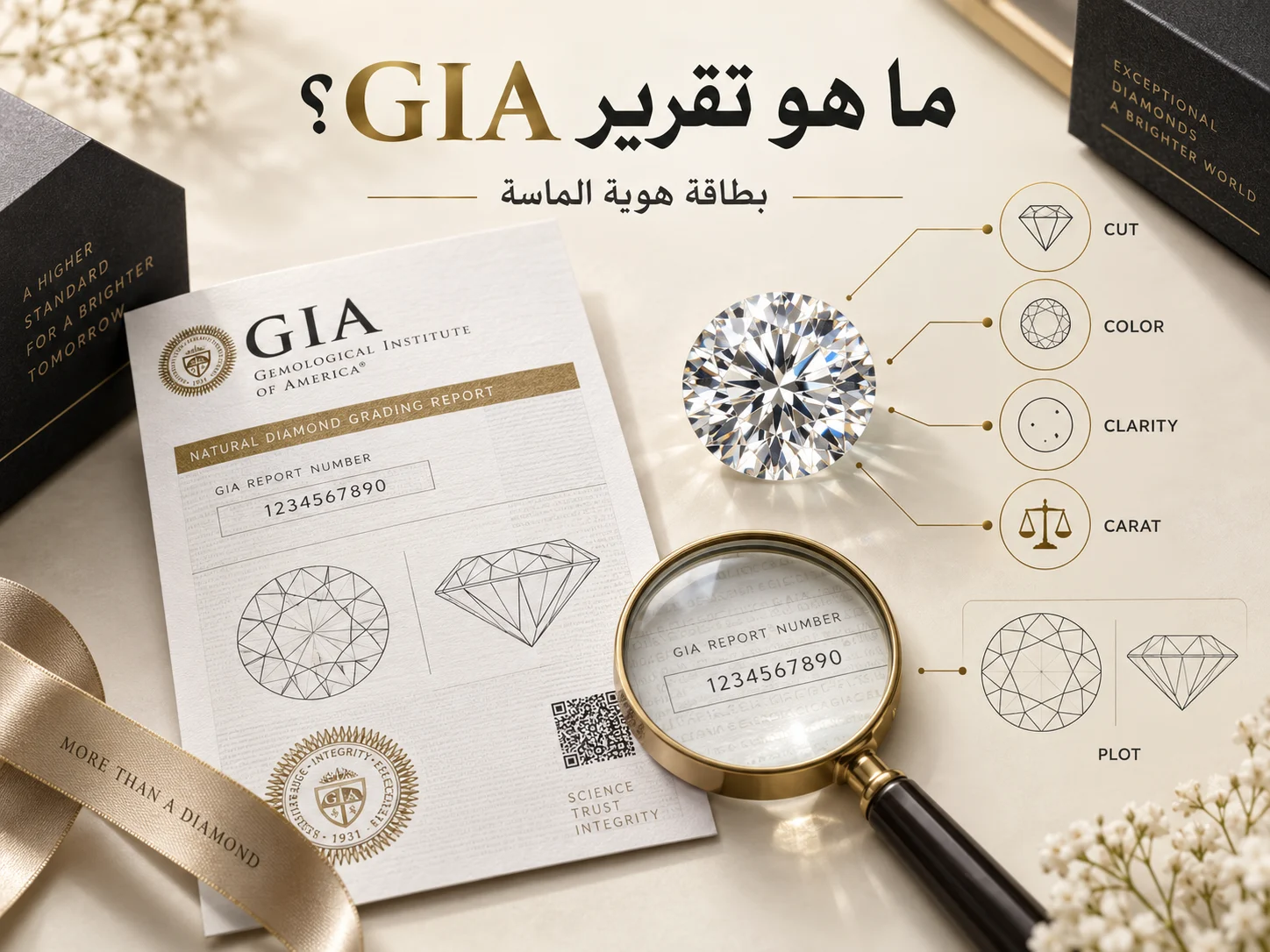 تصميم تعليمي فاخر يظهر تقرير GIA بجانب ماسة وعدسة مكبرة، مع إبراز معايير الوزن واللون والنقاء والقطع باعتبار التقرير بطاقة هوية فنية للماسة.