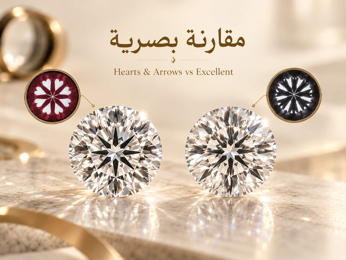 ماستان مستديرتان، واحدة بنمط Hearts & Arrows واضح والأخرى بنمط أقل انتظامًا.
