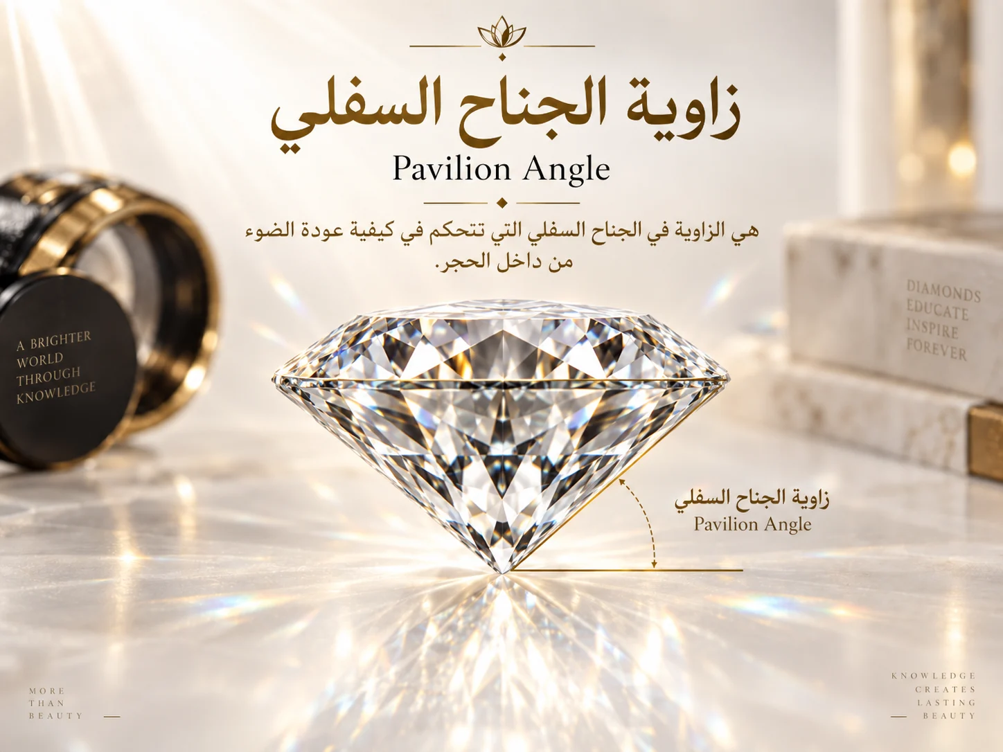 ماسة من الجانب مع تحديد Pavilion Angle في الجزء السفلي بين الحزام وأوجه الجناح السفلي.