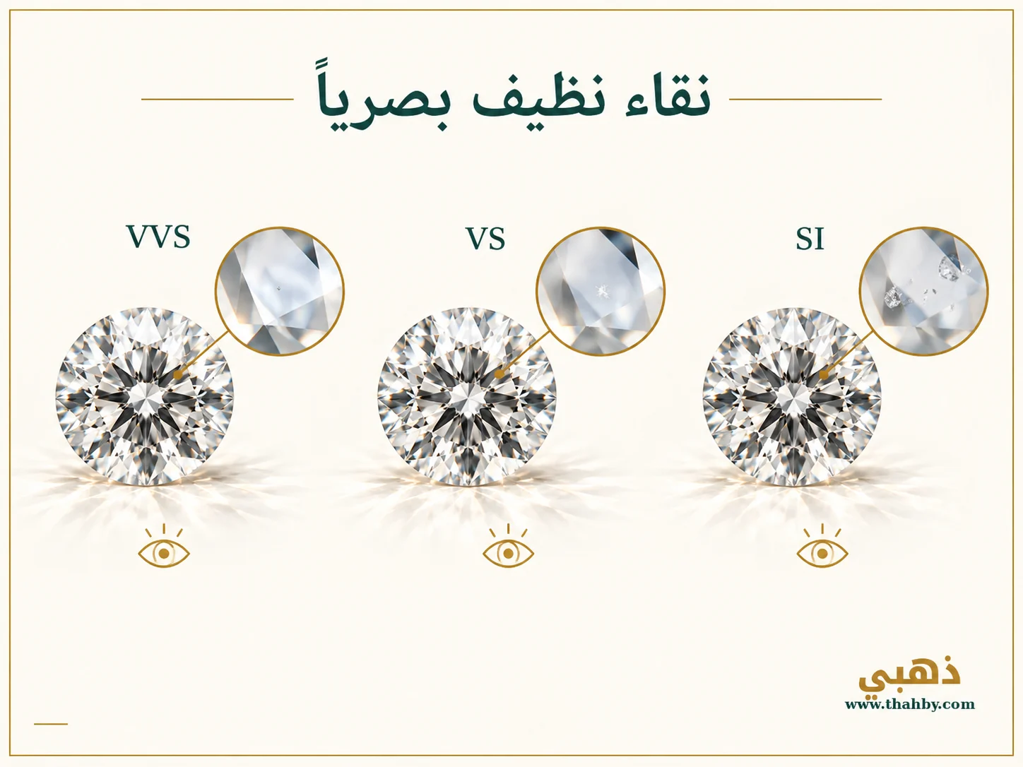 مقارنة بين درجات VVS وVS وSI مع توضيح أن بعض الماسات المختلفة في النقاء قد تبدو متشابهة بالعين المجردة.