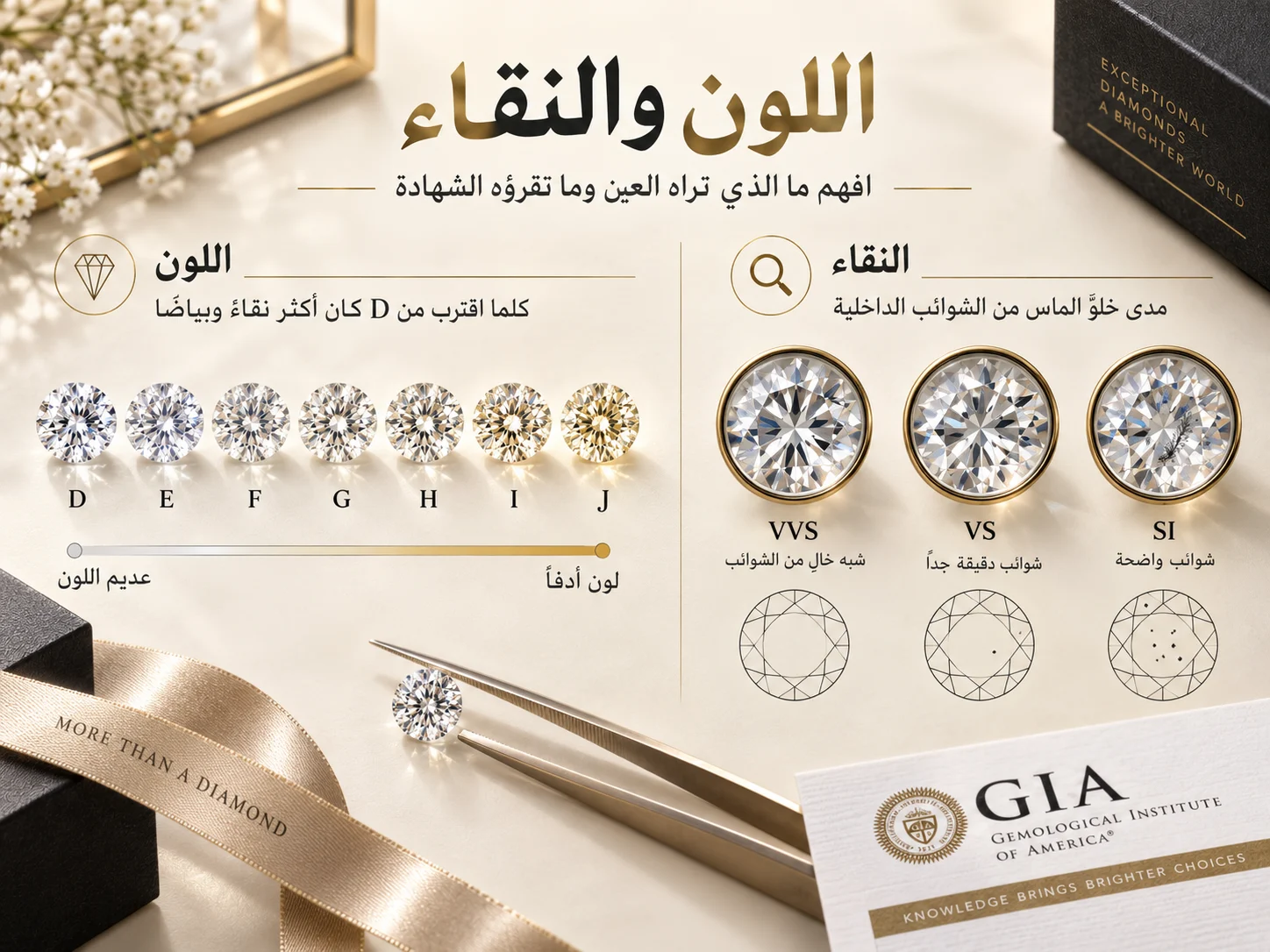 مقارنة بين درجات اللون D إلى J ودرجات نقاء مختلفة مثل VVS وVS وSI، لتوضيح الفرق بين لون الماسة وخصائص النقاء.