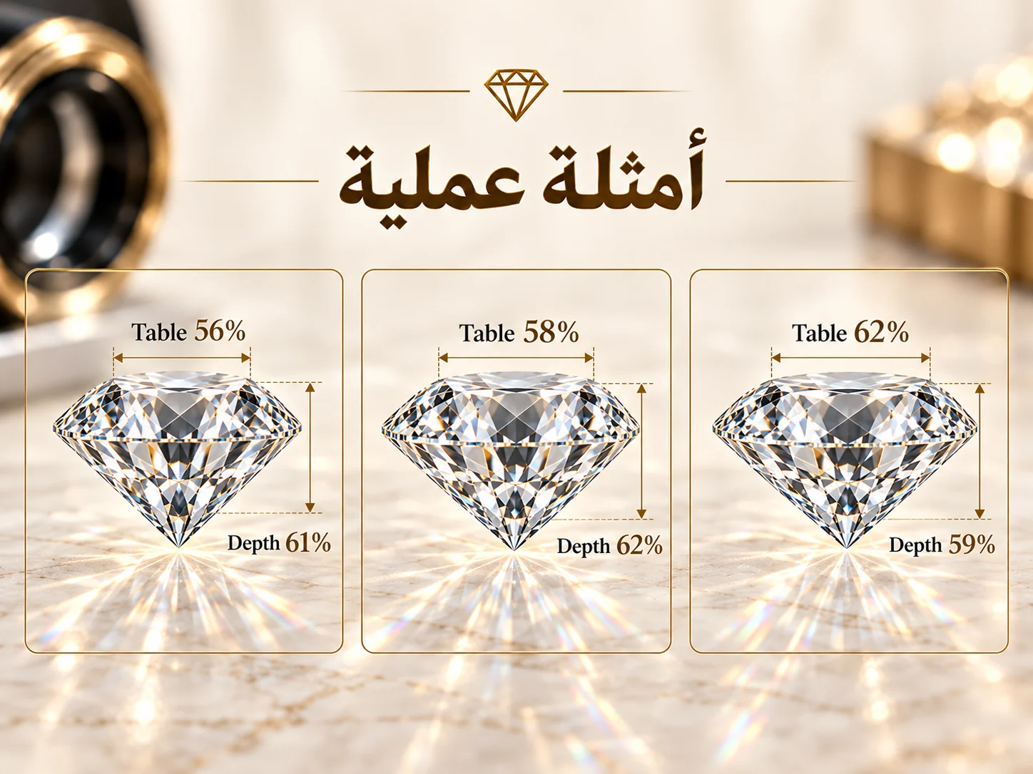ثلاث ماسات بوزن واحد قيراط مع اختلاف في Table وDepth والحجم الظاهر.