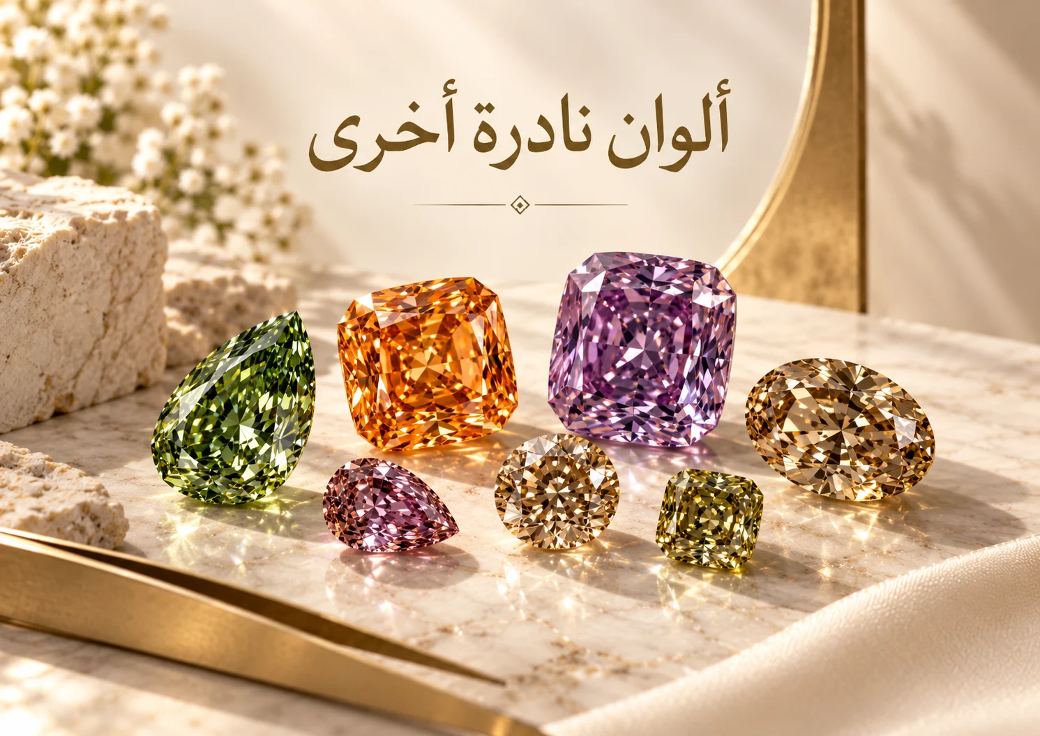مجموعة ماسات بألوان أخضر وبرتقالي وبنفسجي وبني.