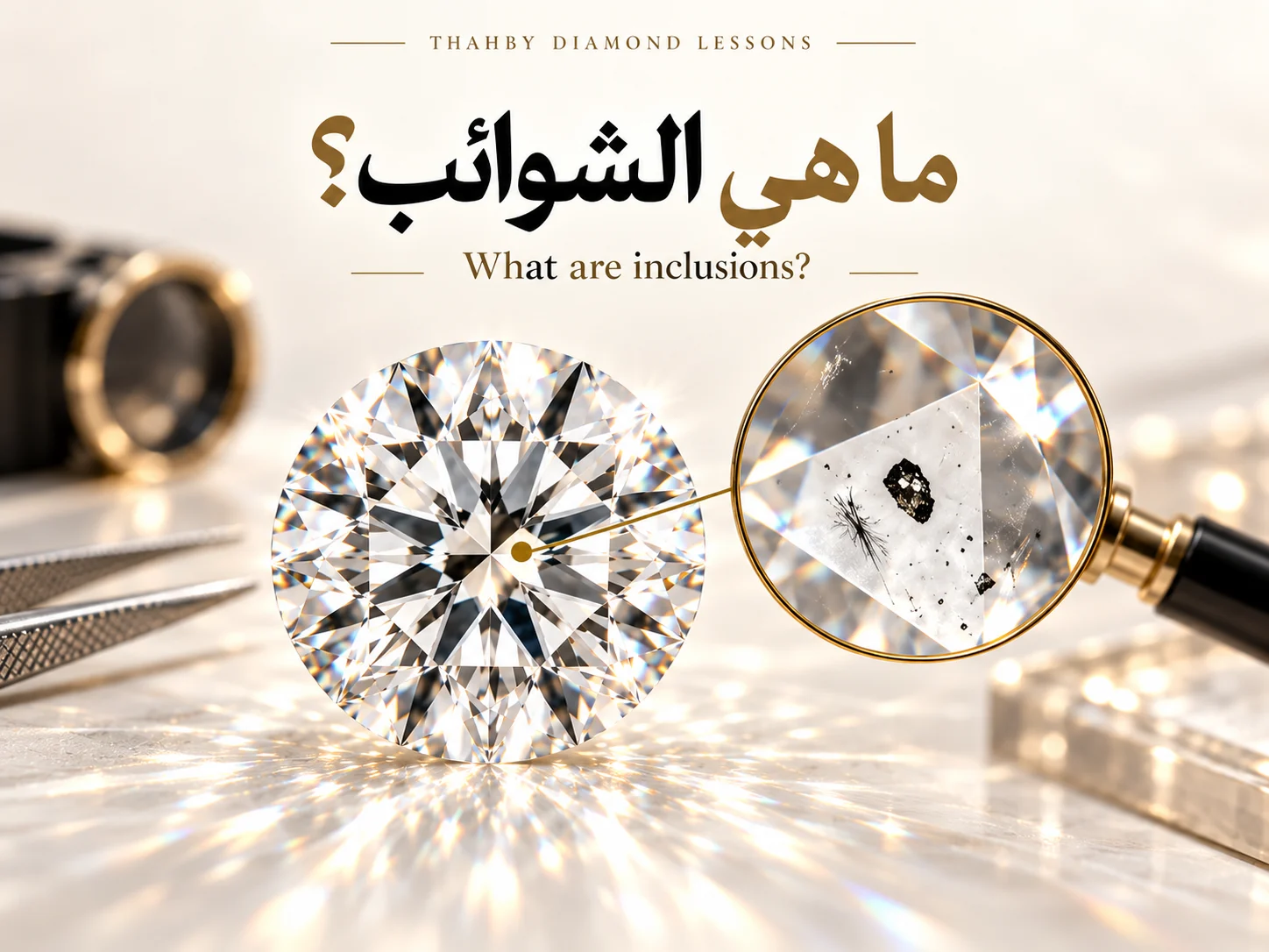 ماسة كبيرة مع عدسة تكبير تُظهر بلورة داكنة وشوائب دقيقة داخل الحجر.