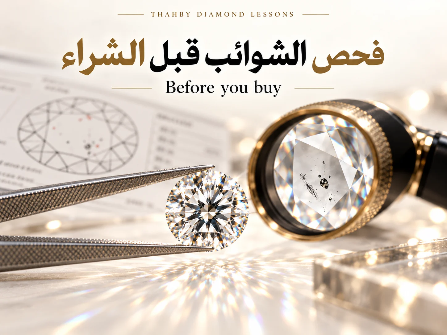 ماسة ممسوكة بالملاقط بجانب تقرير وعدسة مكبرة مع Clarity Plot.