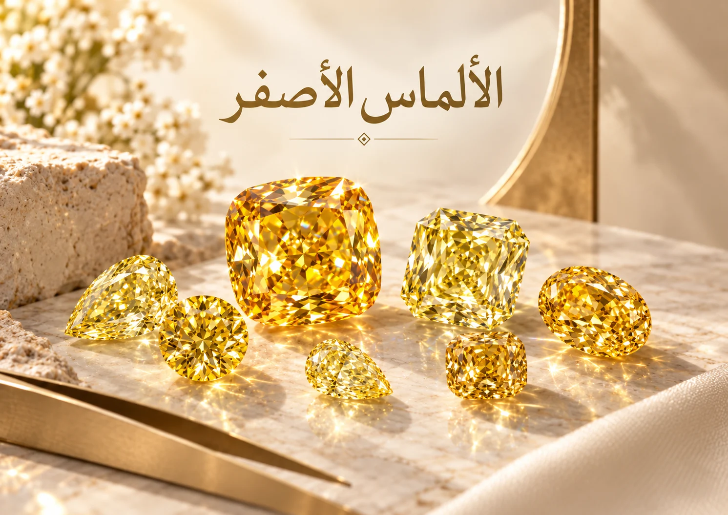 مجموعة ماسات صفراء بدرجات من الأصفر الفاتح إلى الذهبي القوي.