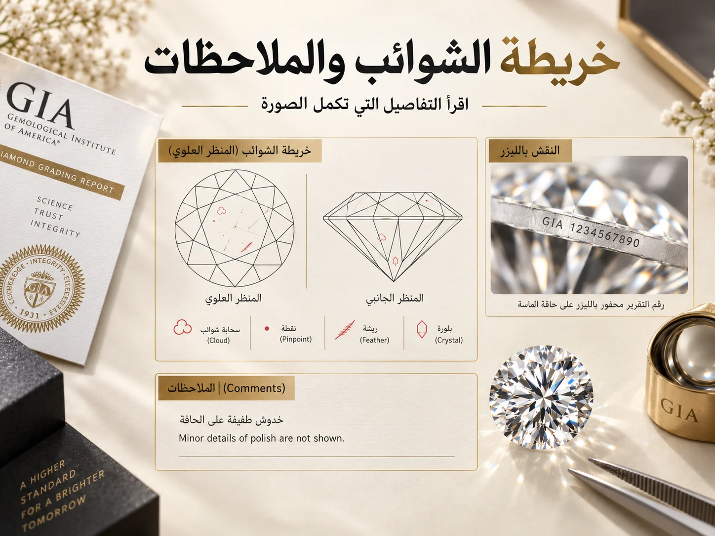 مخطط شوائب للماسة مع رموز Crystal وFeather وCloud وPinpoint، بجانب مثال لنقش الليزر وخانة Comments.