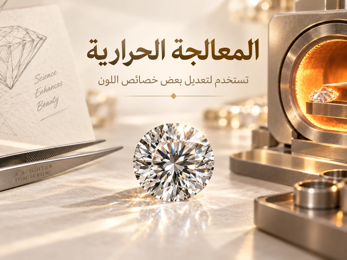 ماسة أمام حجرة حرارية دقيقة أو جهاز معالجة، مع إضاءة ذهبية دافئة توضح أثر الحرارة.