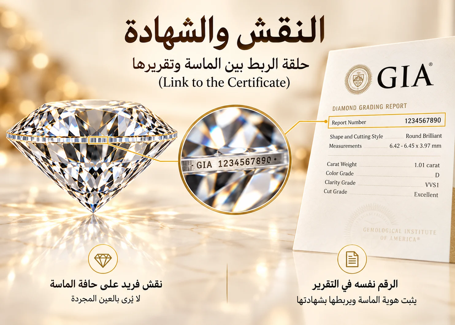 ماسة وتقرير GIA متصلان بصريًا من خلال رقم واحد يظهر على الحزام وفي خانة Report Number.
