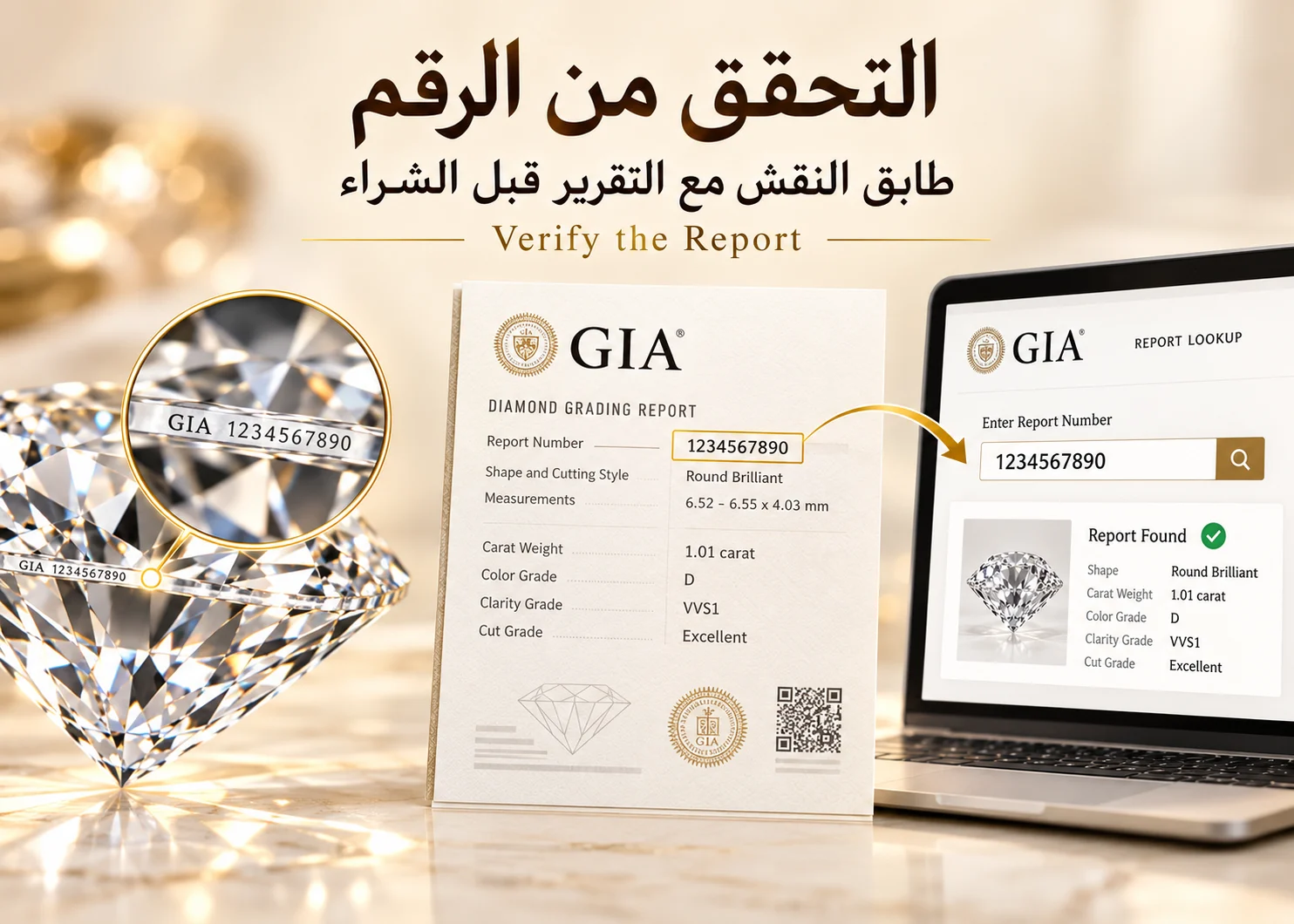 تقرير GIA بجانب شاشة تحقق تعرض رقم التقرير نفسه الموجود على نقش الحزام.