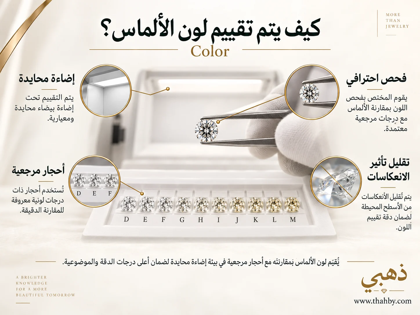 رسم توضيحي لعملية تقييم لون الألماس من خلال مقارنة الماسة بأحجار مرجعية تحت إضاءة محايدة وظروف فحص معيارية.