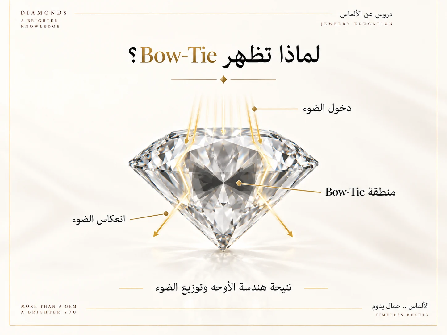 رسم بصري يوضح دخول الضوء إلى الماسة ومسارات انعكاسه، مع إبراز المنطقة الوسطى التي قد تظهر داكنة نتيجة عدم عودة الضوء بصورة متوازنة.