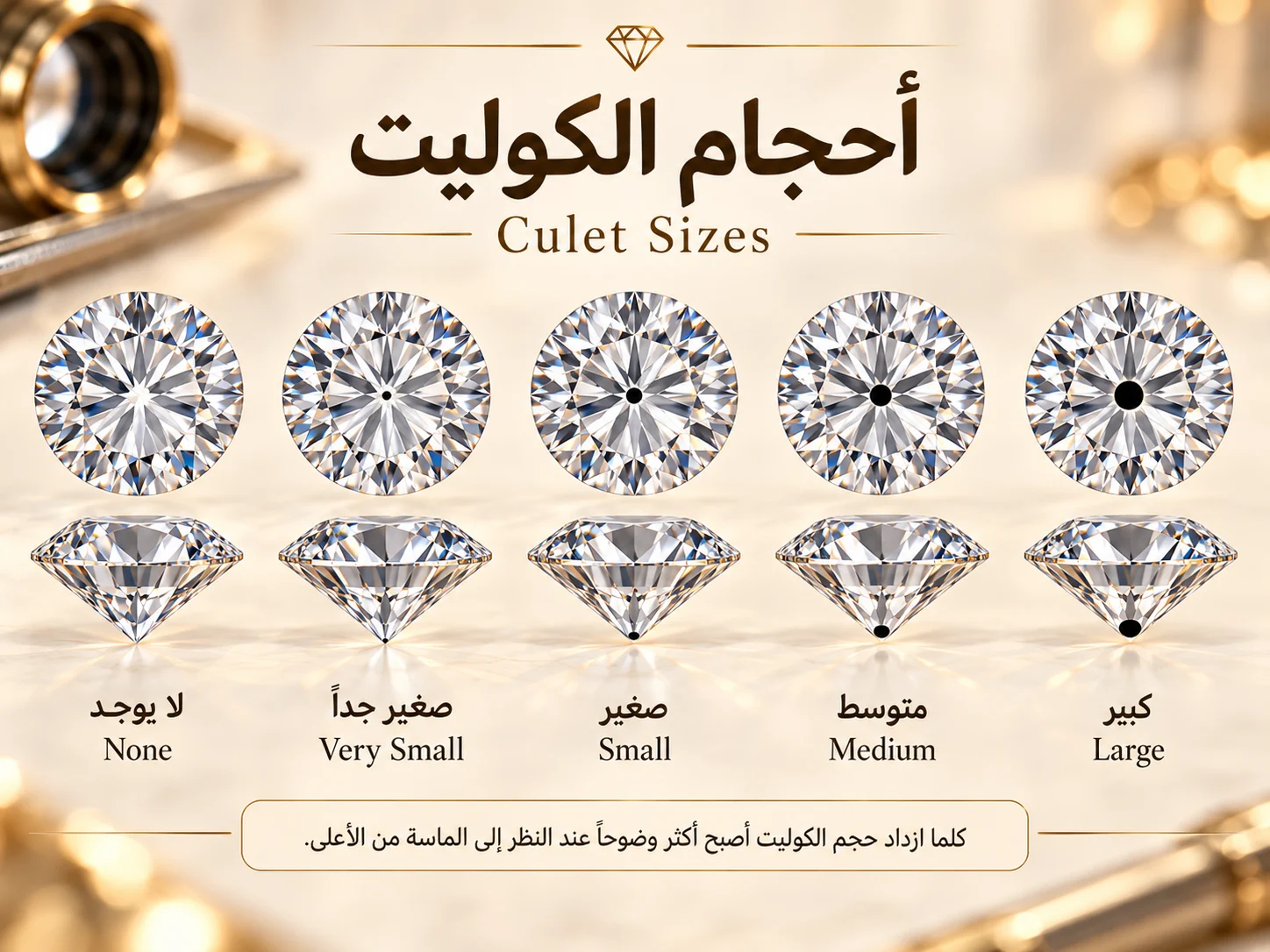 مقارنة جانبية لأحجام Culet المختلفة من None إلى Large.