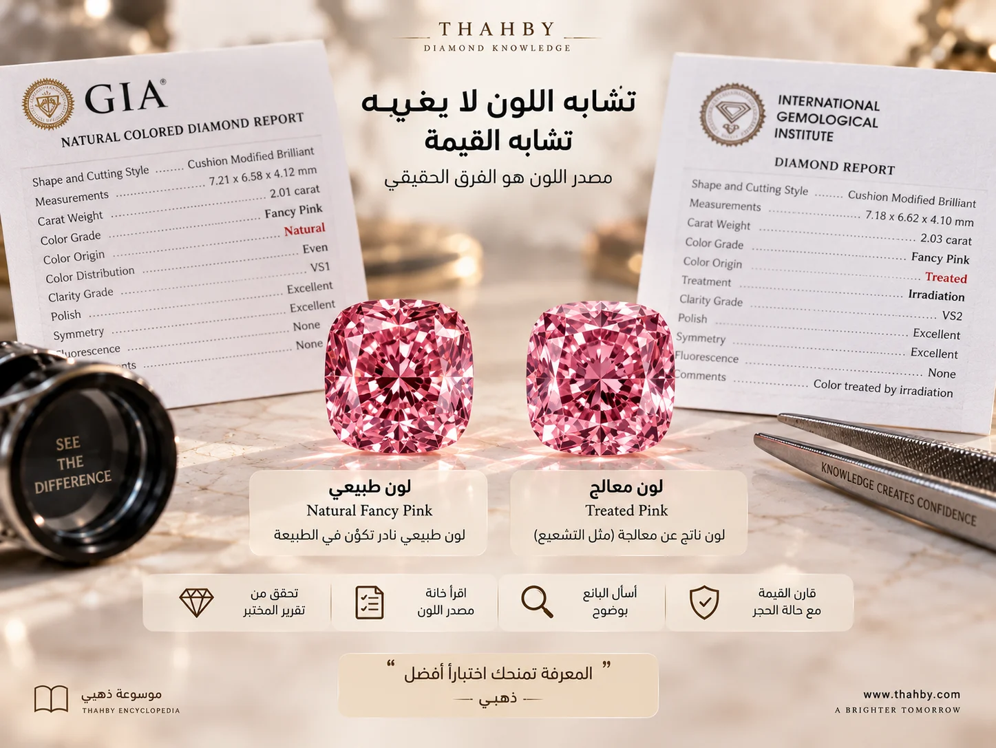 ماستان متشابهتان في اللون، واحدة طبيعية اللون والأخرى معالجة، مع تقرير مختبر بجانبهما.