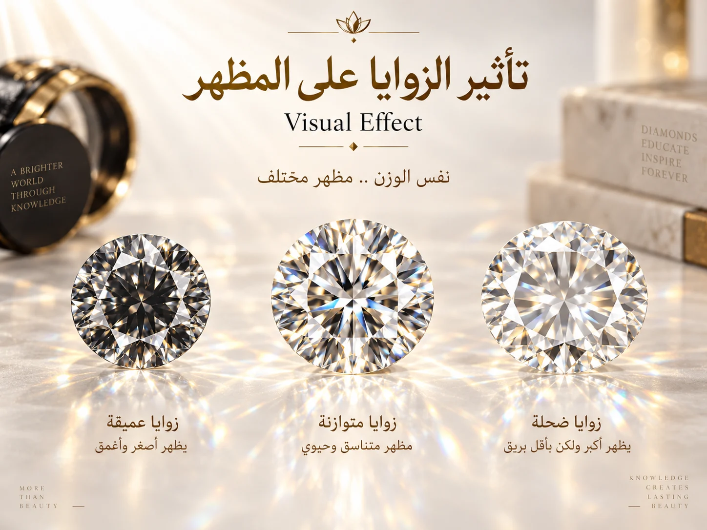 ثلاث ماسات من الأعلى تعرض فرق المظهر بين زوايا عميقة ومتوازنة وضحلة.