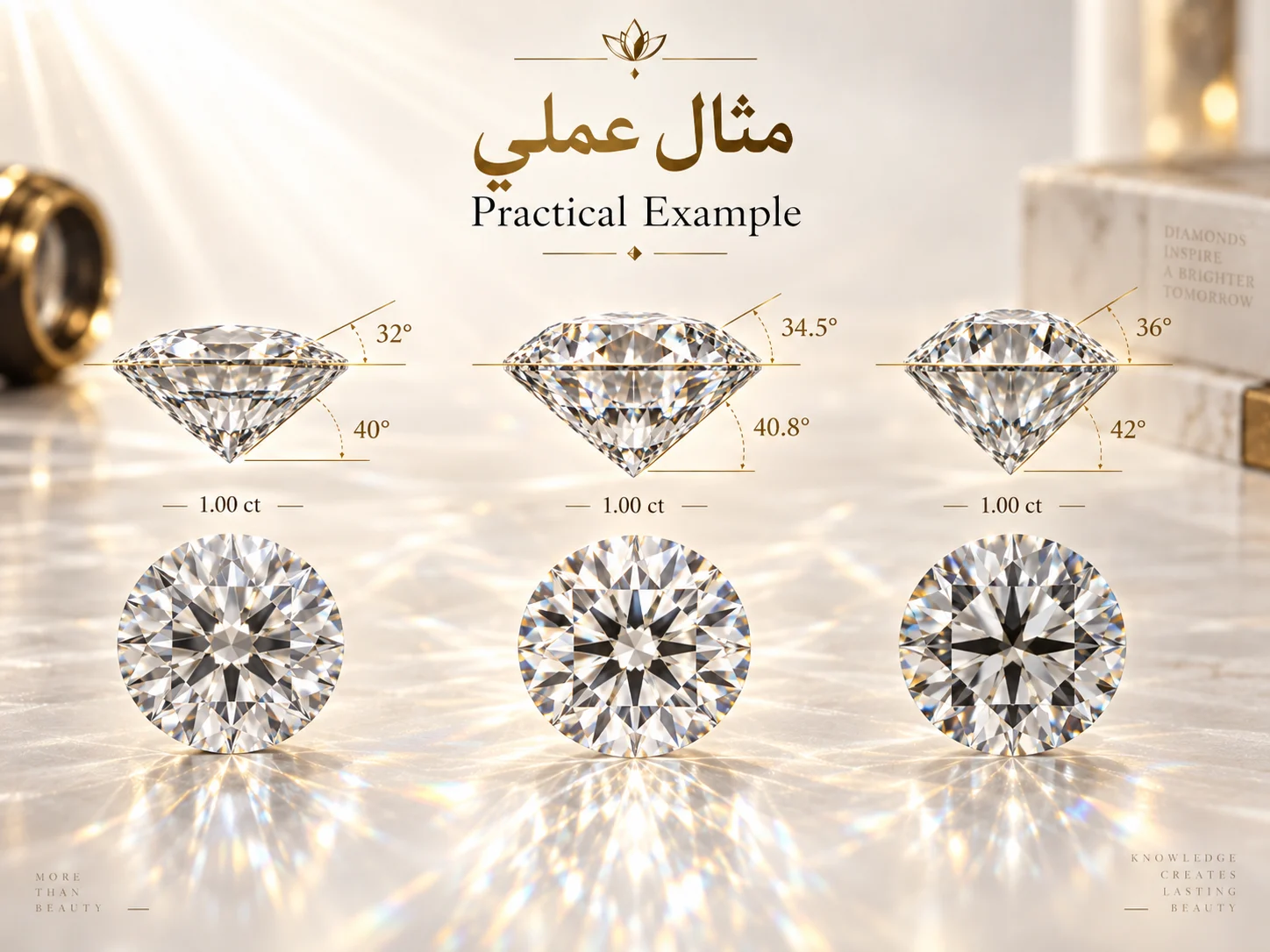 ثلاث ماسات مستديرة بالوزن نفسه، مع توضيح Crown وPavilion لكل حجر ومقارنة مظهرها من الأعلى.