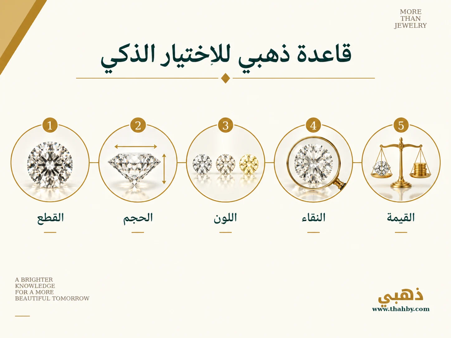 دليل بصري يوضح خطوات اختيار الماسة المناسبة بدءًا من القطع ثم الحجم واللون والنقاء وانتهاءً بمقارنة السعر والقيمة.