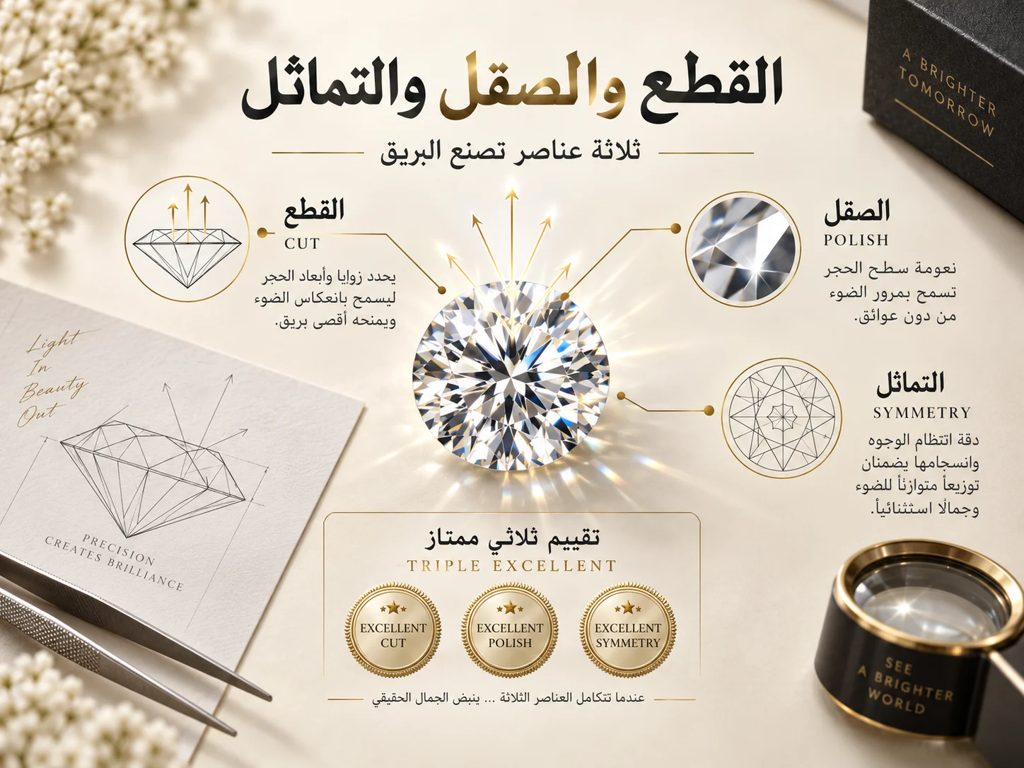 ماسة في المنتصف مع شرح بصري لعناصر Cut وPolish وSymmetry وبيان مفهوم Triple Excellent.