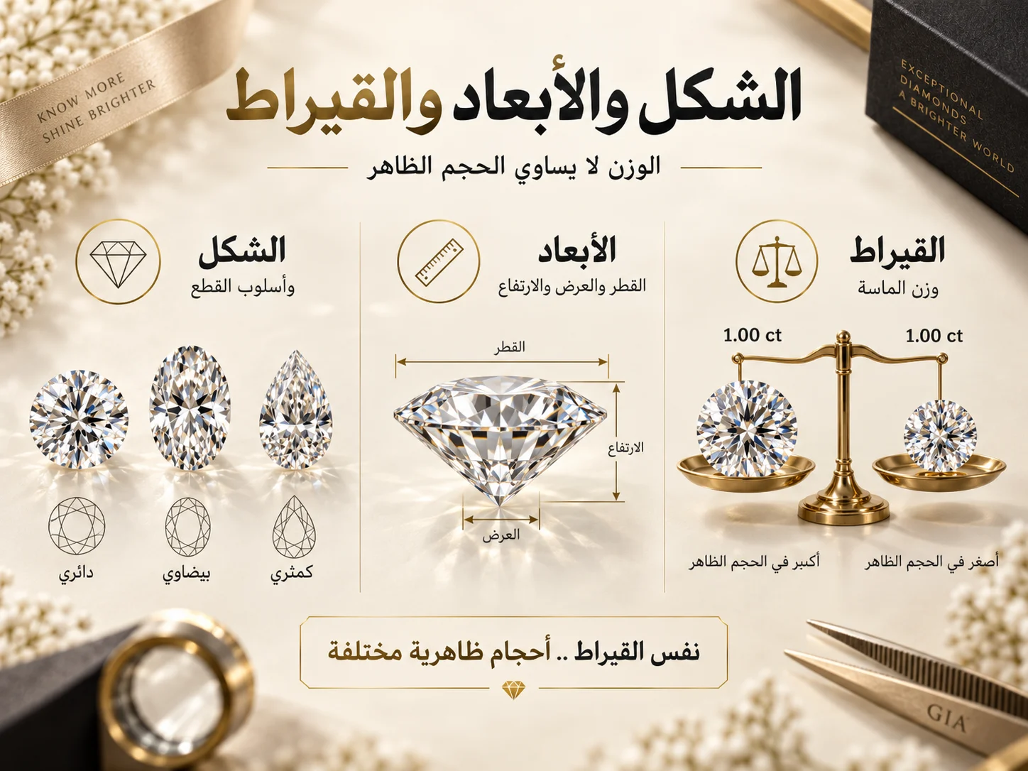إنفوجراف يوضح الفرق بين شكل الماسة وأبعادها ووزنها بالقيراط، مع مقارنة بصرية بين ماسات ذات وزن متشابه وحجم ظاهر مختلف.