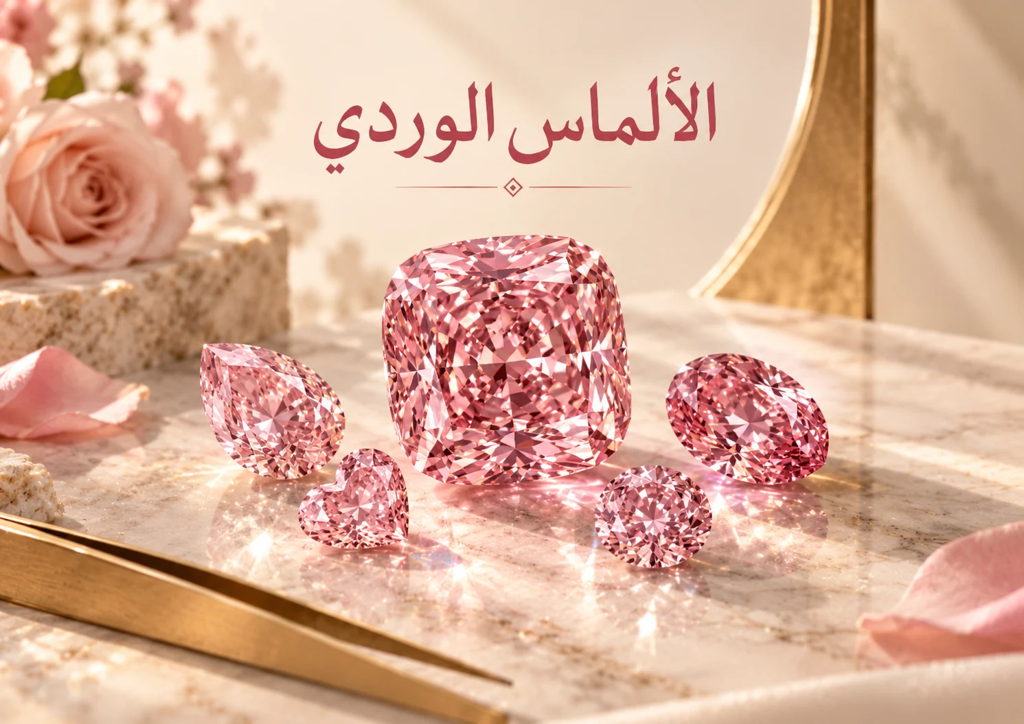 مجموعة ماسات وردية بأشكال Cushion وPear وRound وOval بدرجات مختلفة من اللون الوردي.