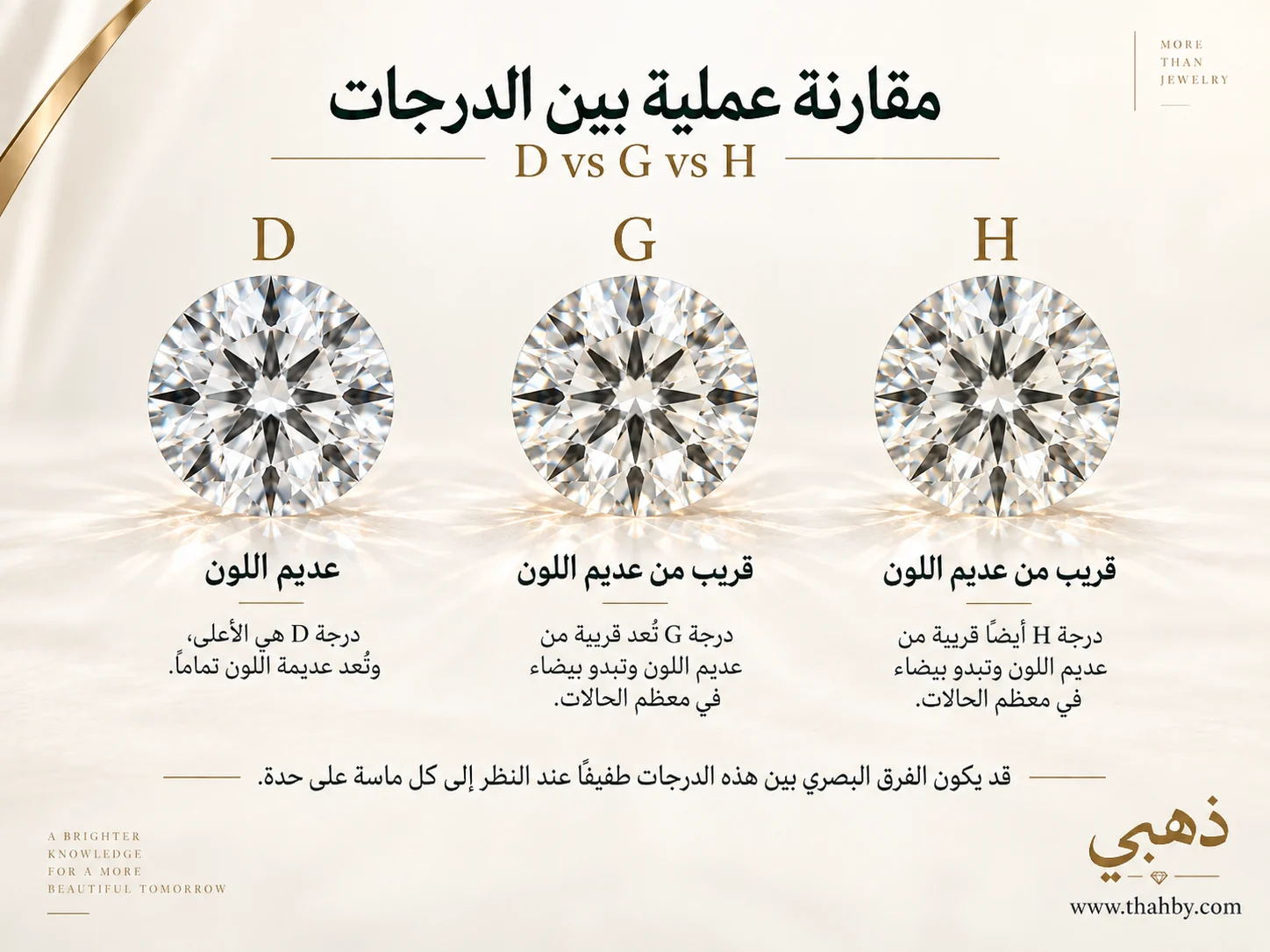 مقارنة بين ثلاث ماسات بدرجات لون D وG وH لإظهار مدى دقة اختلاف اللون بين الدرجات العليا.