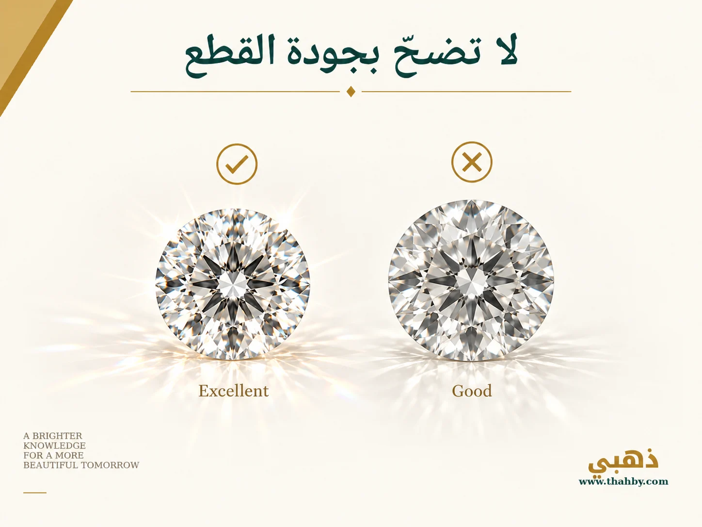 مقارنة بين ماسة أصغر قليلًا ذات قطع ممتاز وأخرى أكبر وزنًا بجودة قطع أقل، لتوضيح أثر القطع على بريق الماسة.