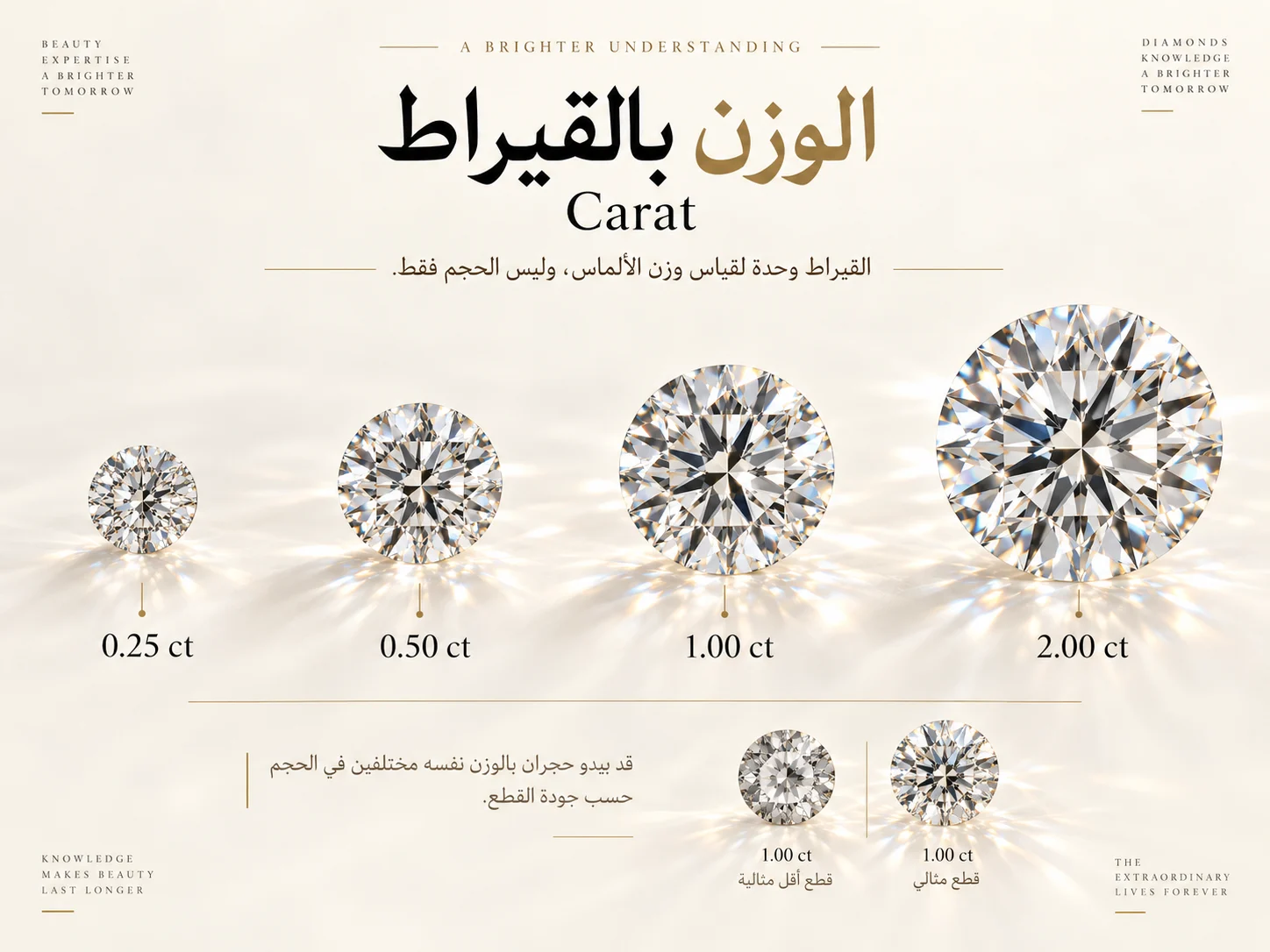 مقارنة أوزان الألماس بالقيراط من 0.25 إلى 2.00 قيراط مع توضيح الفرق بين الوزن والحجم الظاهر
