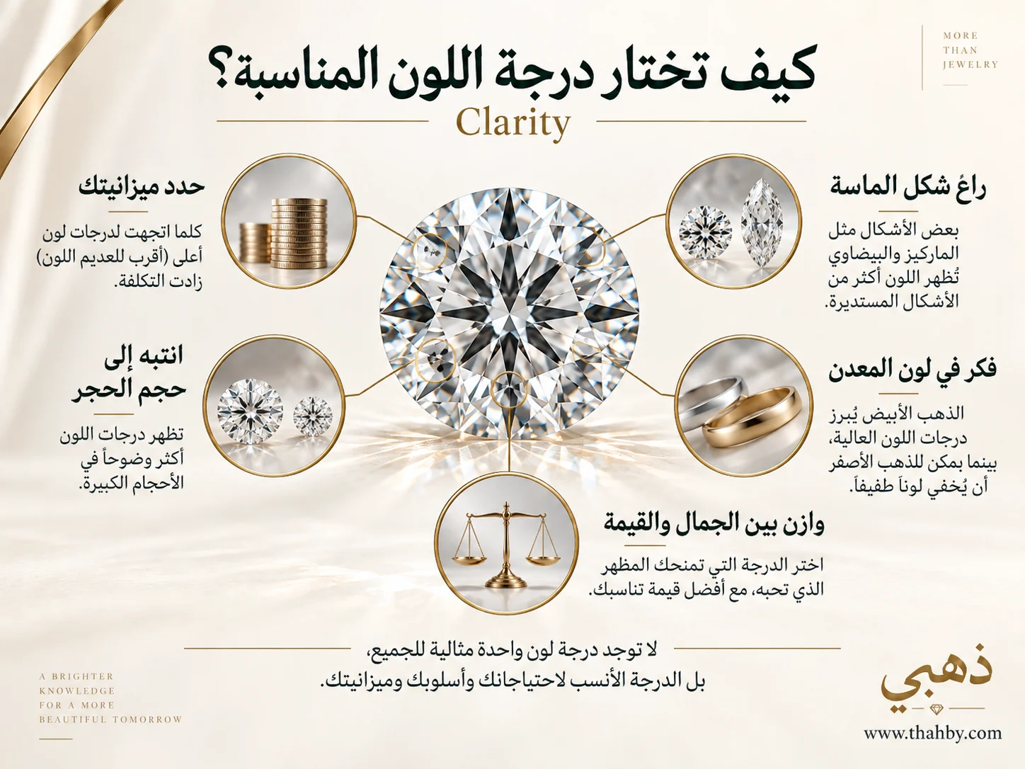 إنفوجراف يقدم خطوات اختيار درجة لون الألماس المناسبة حسب الميزانية وحجم الماسة وشكلها ولون الذهب المستخدم في المجوهرات