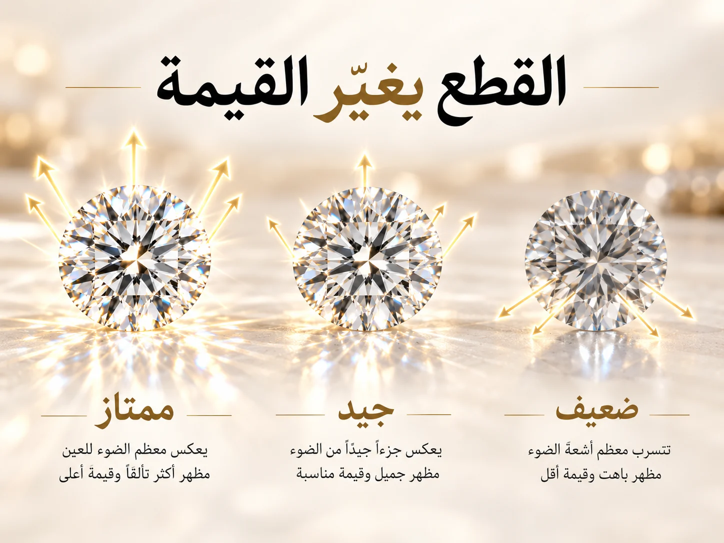 ثلاث ماسات بقطع ممتاز وجيد وضعيف مع اختلاف واضح في انعكاس الضوء.
