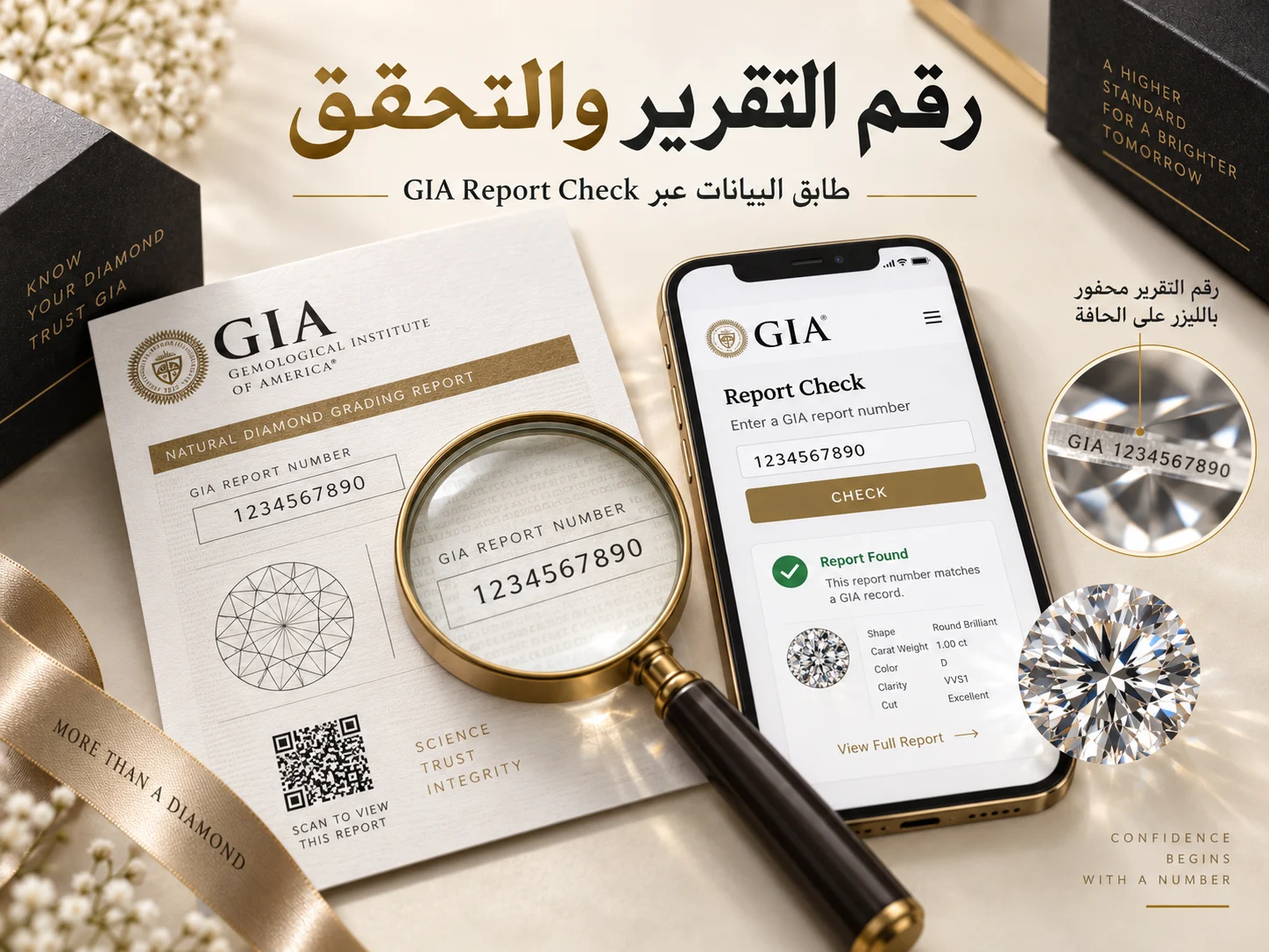 تقرير GIA وهاتف يعرض خدمة التحقق من رقم التقرير، مع تكبير لنقش الرقم بالليزر على حزام الماسة.