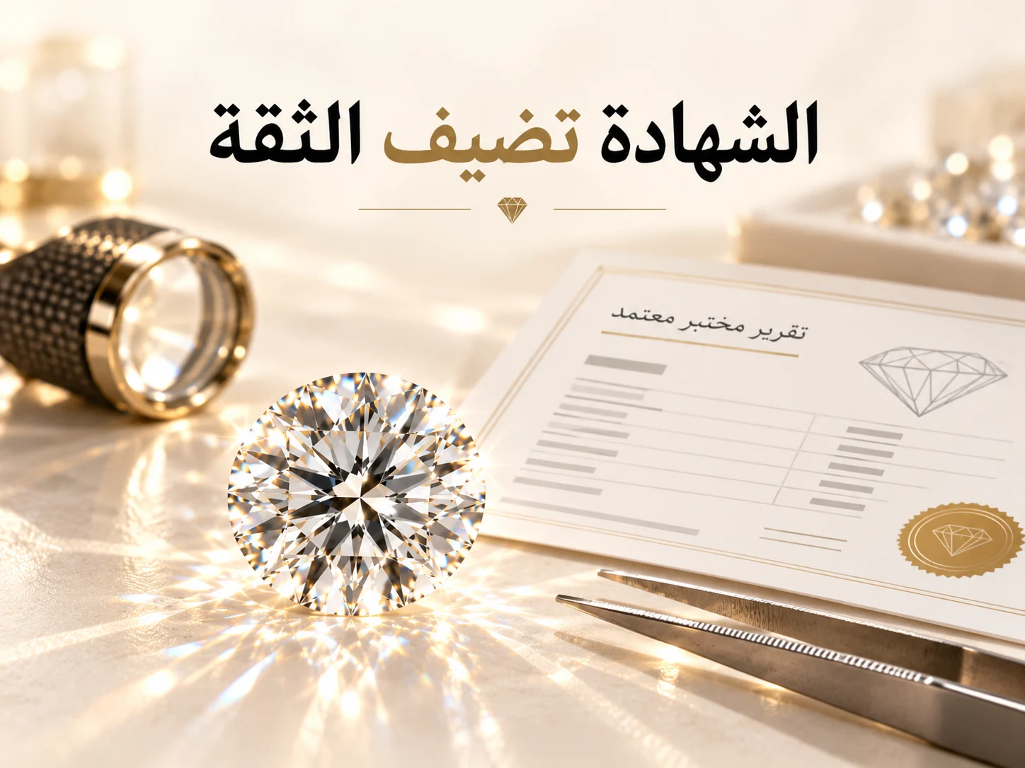 ماسة بجانب تقرير مختبر وعدسة مكبرة.